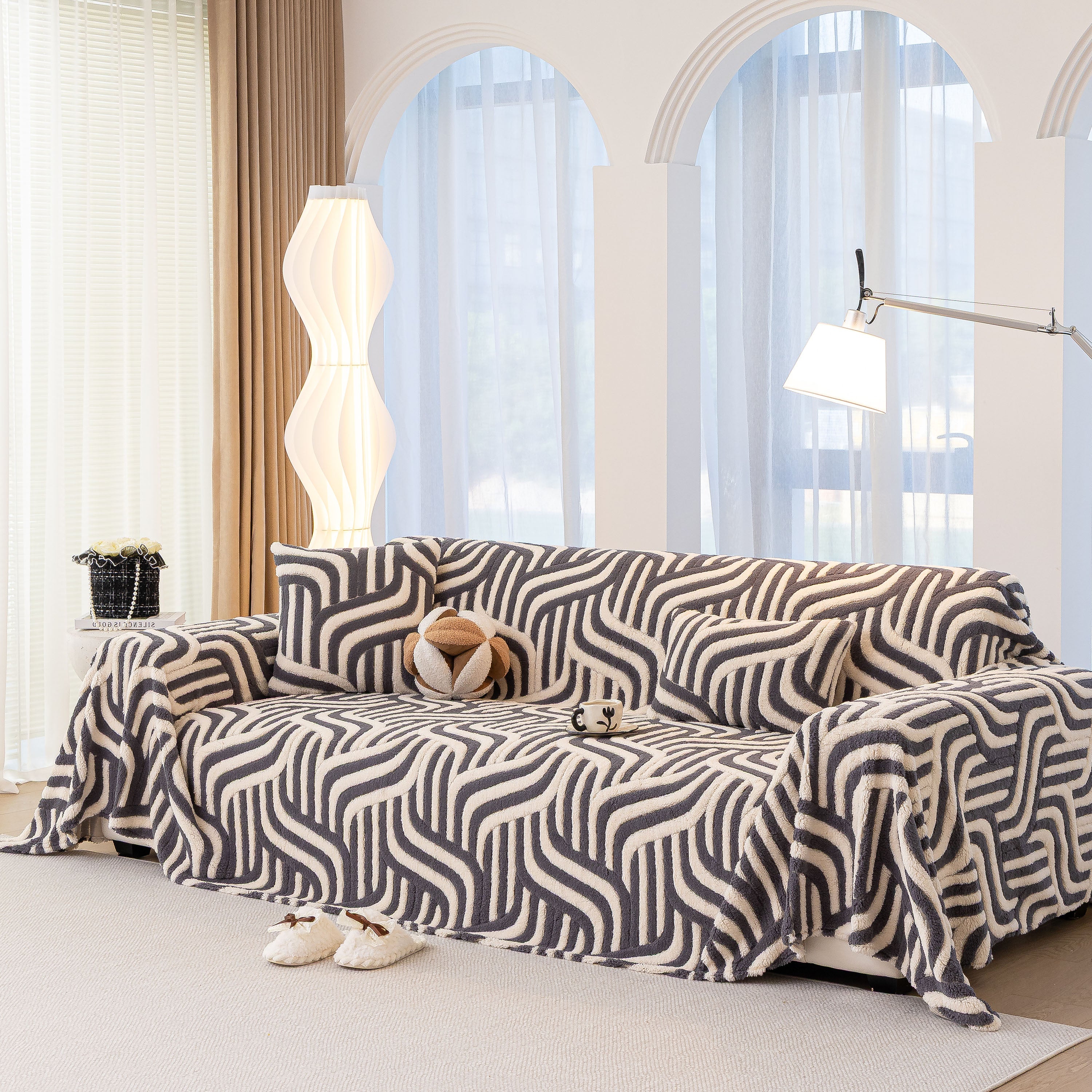 Plush Sherpa Sofa Throw Cover For Sectional, Jacquard Wave Throw Furniture Protector