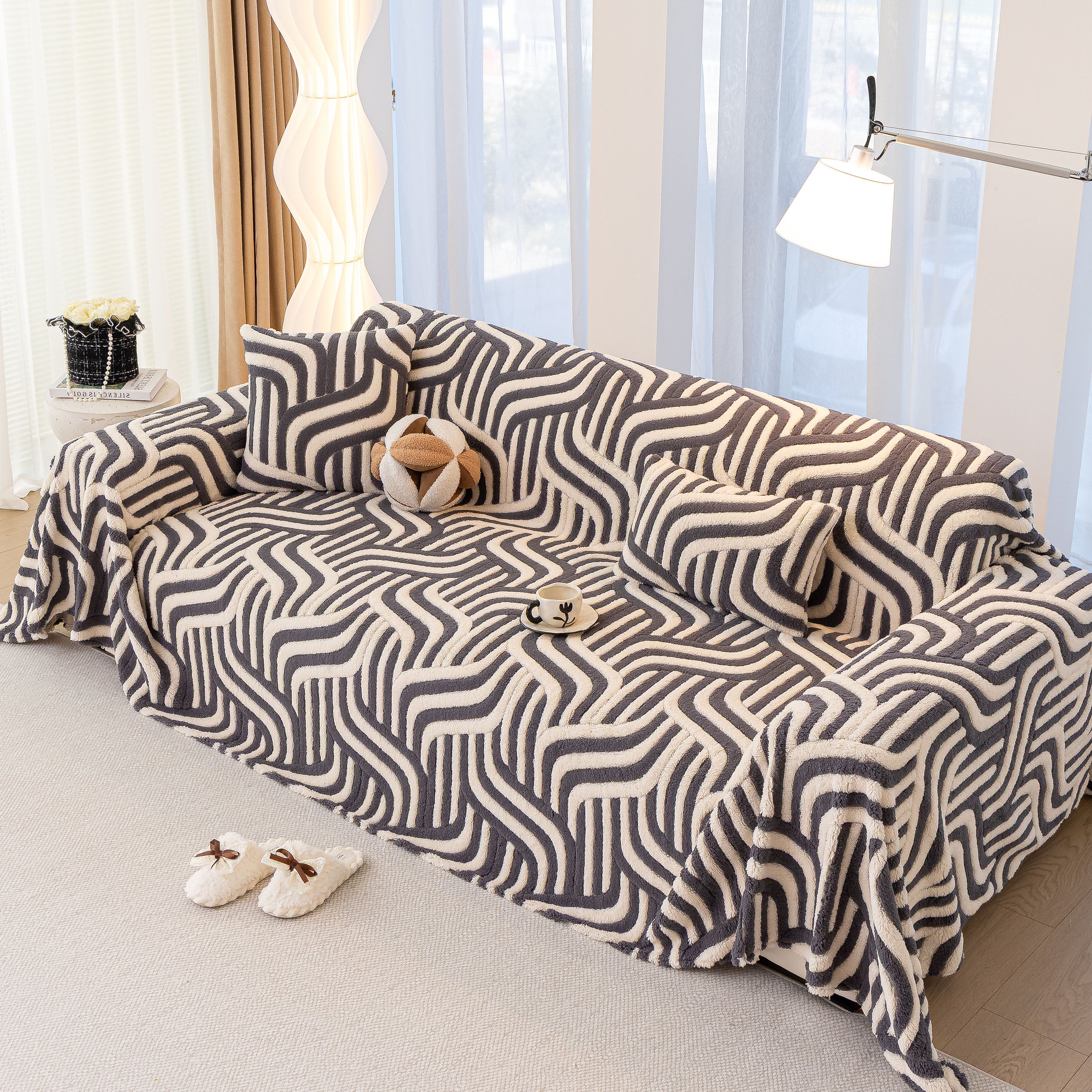 Plush Sherpa Sofa Throw Cover For Sectional, Jacquard Wave Throw Furniture Protector