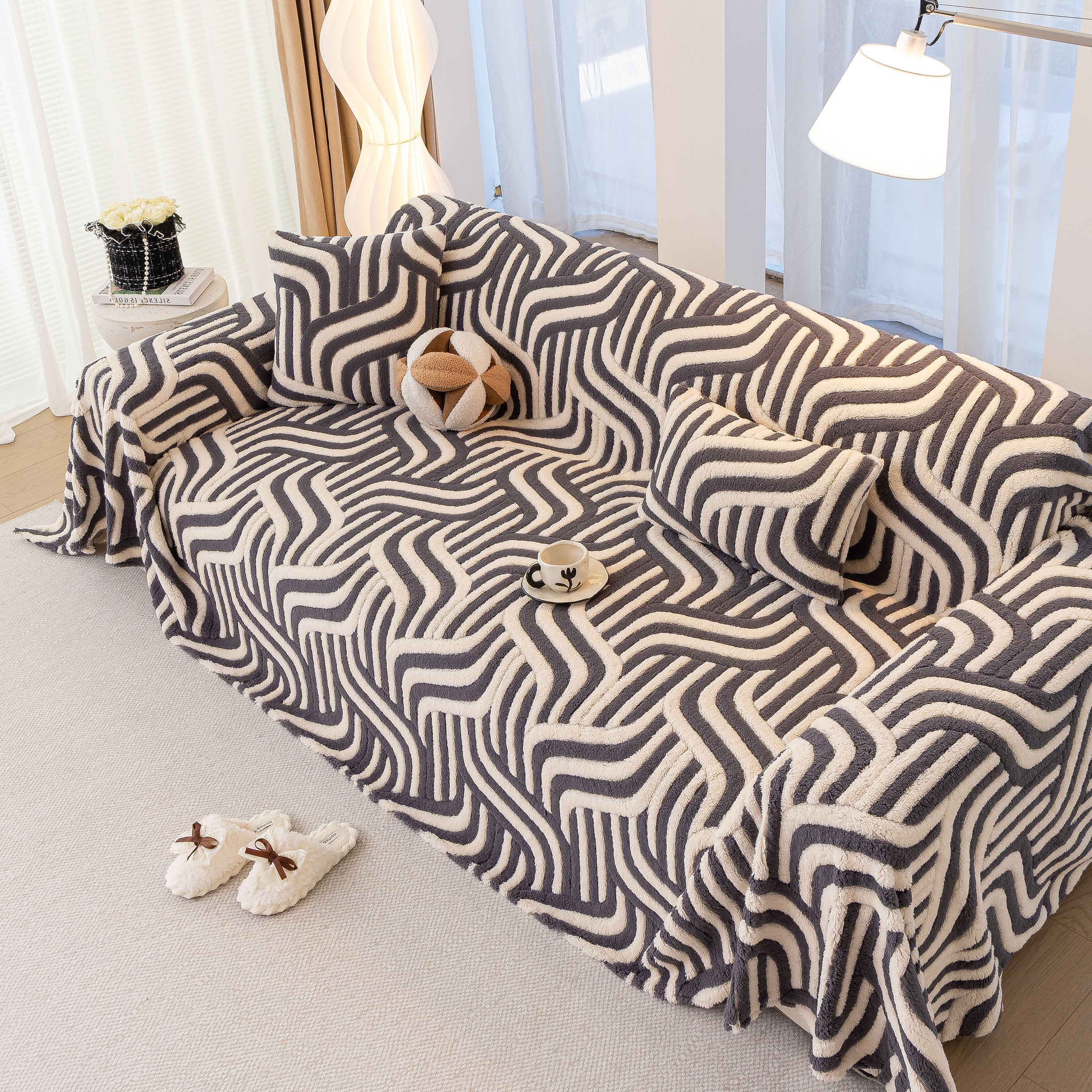 Plush Sherpa Sofa Throw Cover For Sectional, Jacquard Wave Throw Furniture Protector