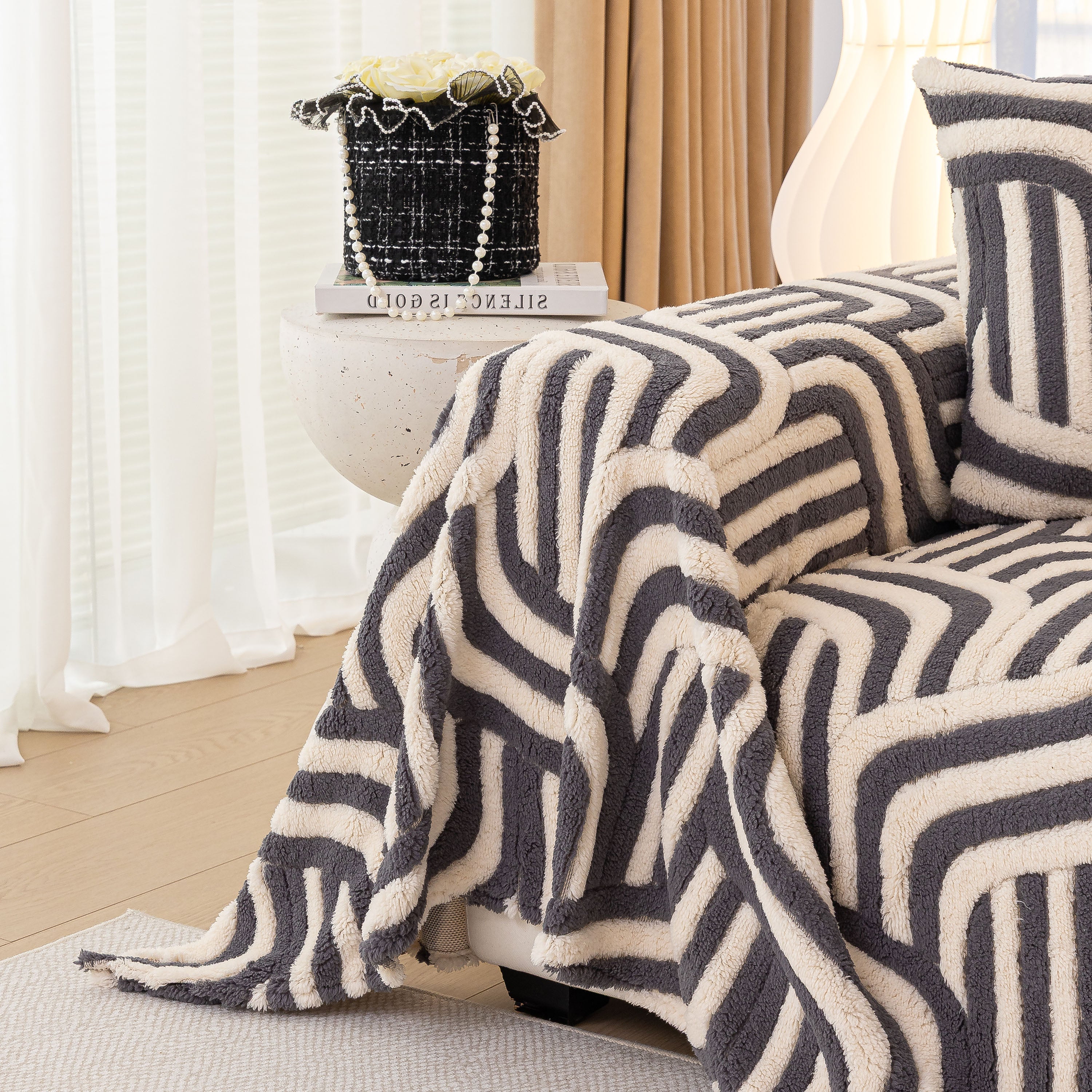 Plush Sherpa Sofa Throw Cover For Sectional, Jacquard Wave Throw Furniture Protector