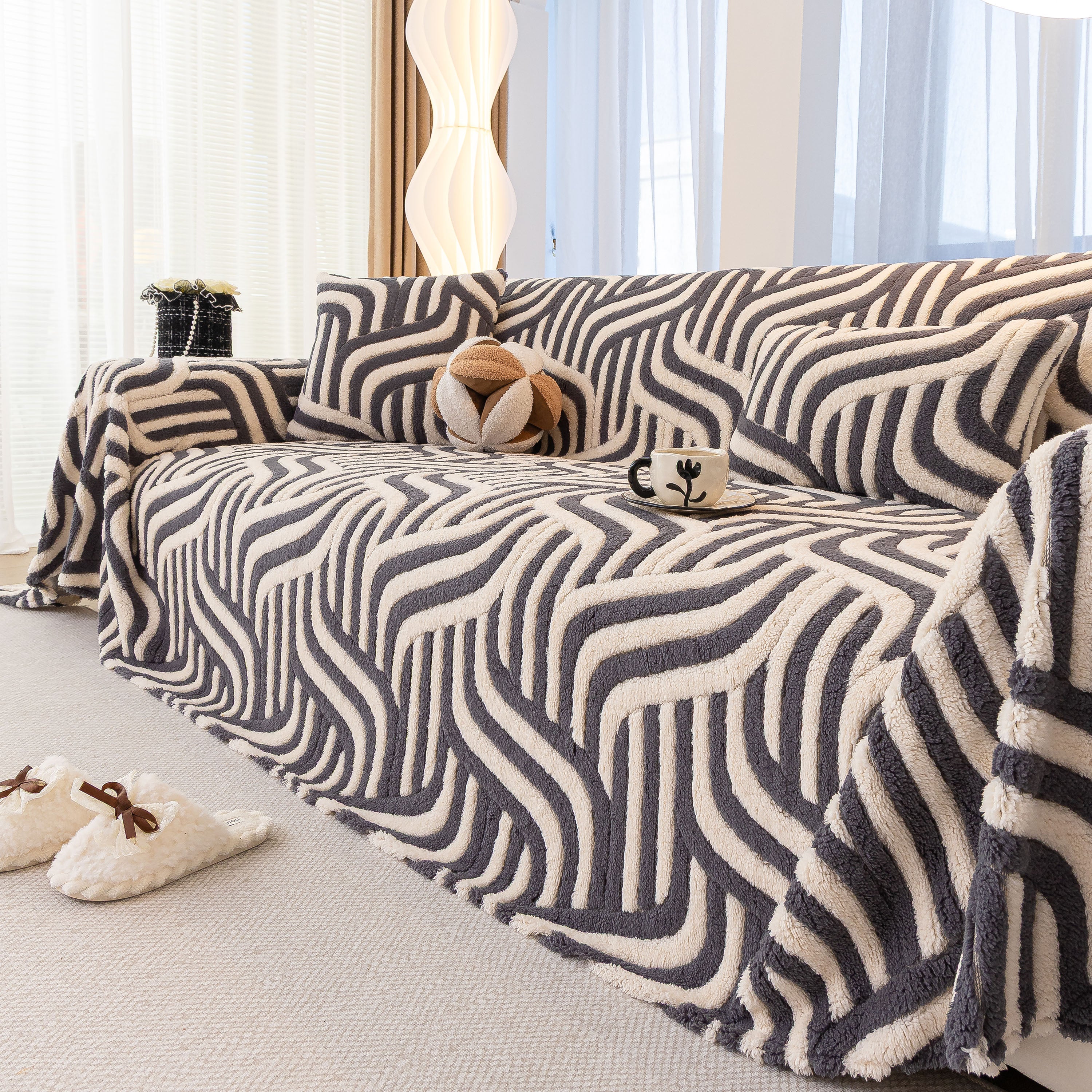 Plush Sherpa Sofa Throw Cover For Sectional, Jacquard Wave Throw Furniture Protector