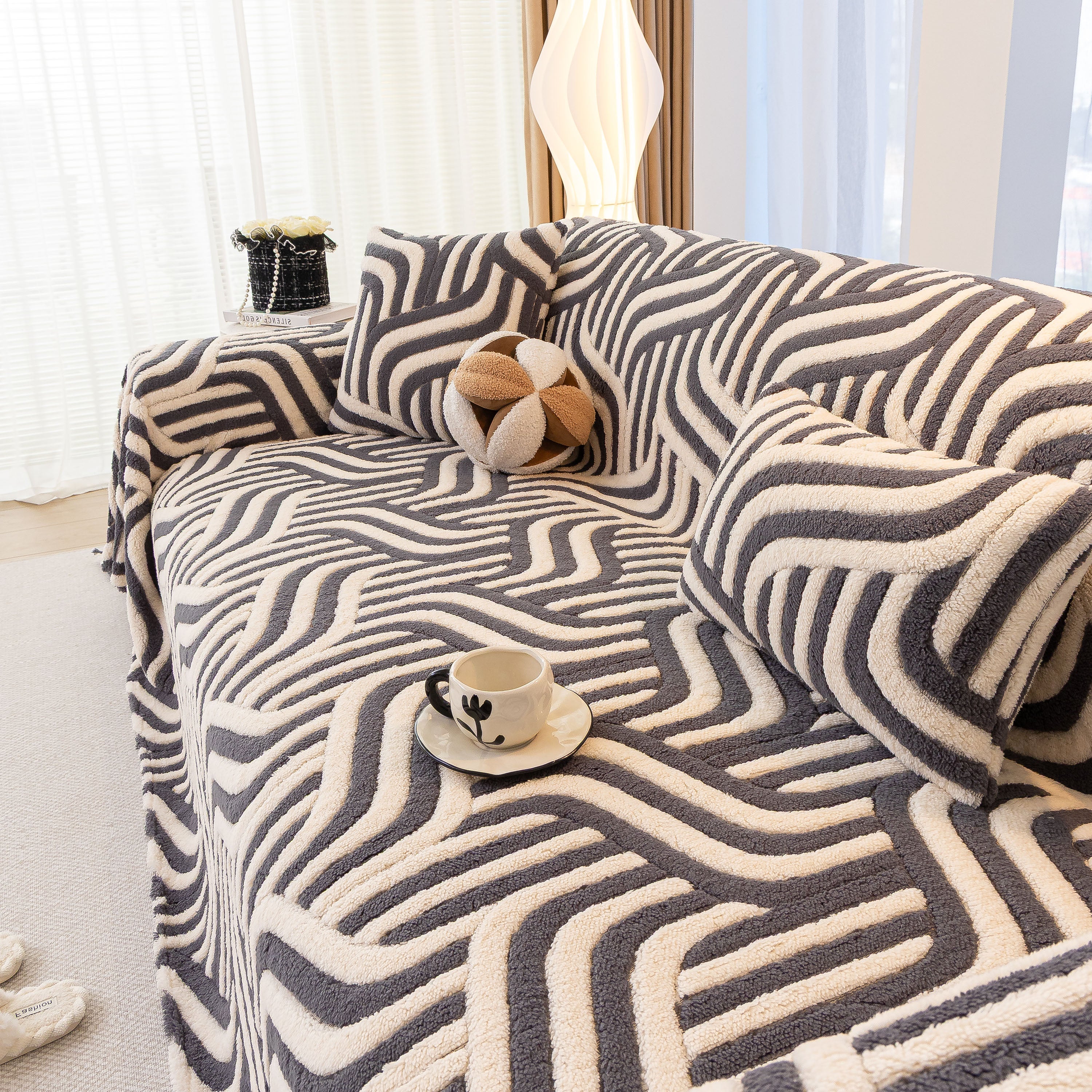 Plush Sherpa Sofa Throw Cover For Sectional, Jacquard Wave Throw Furniture Protector