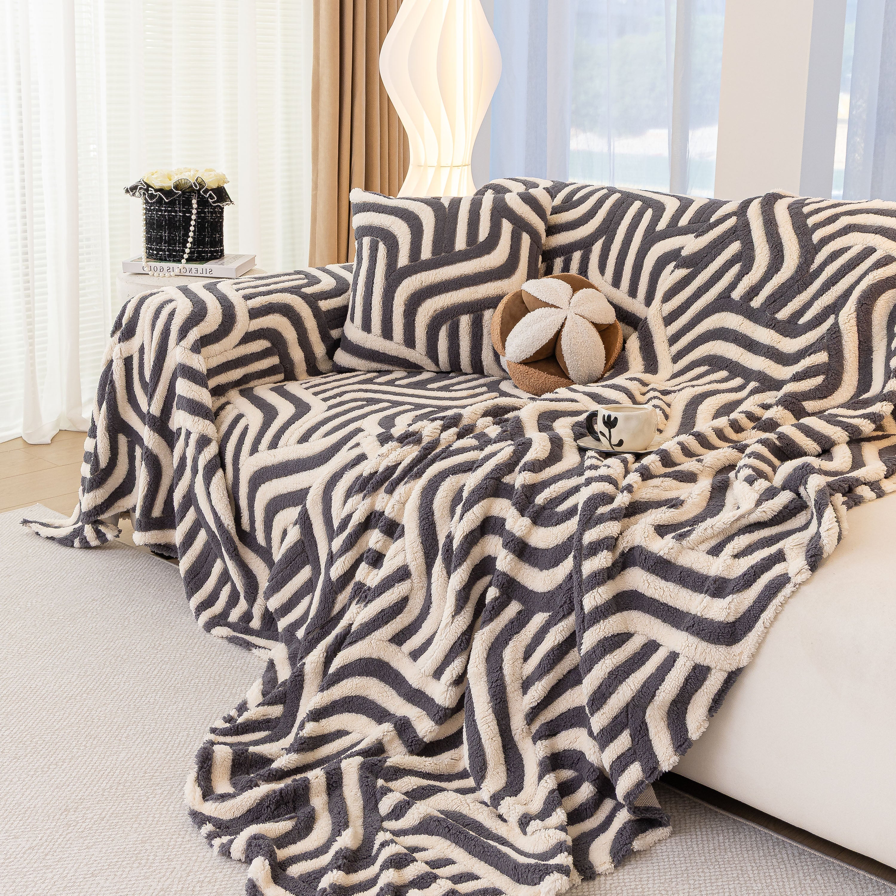 Plush Sherpa Sofa Throw Cover For Sectional, Jacquard Wave Throw Furniture Protector