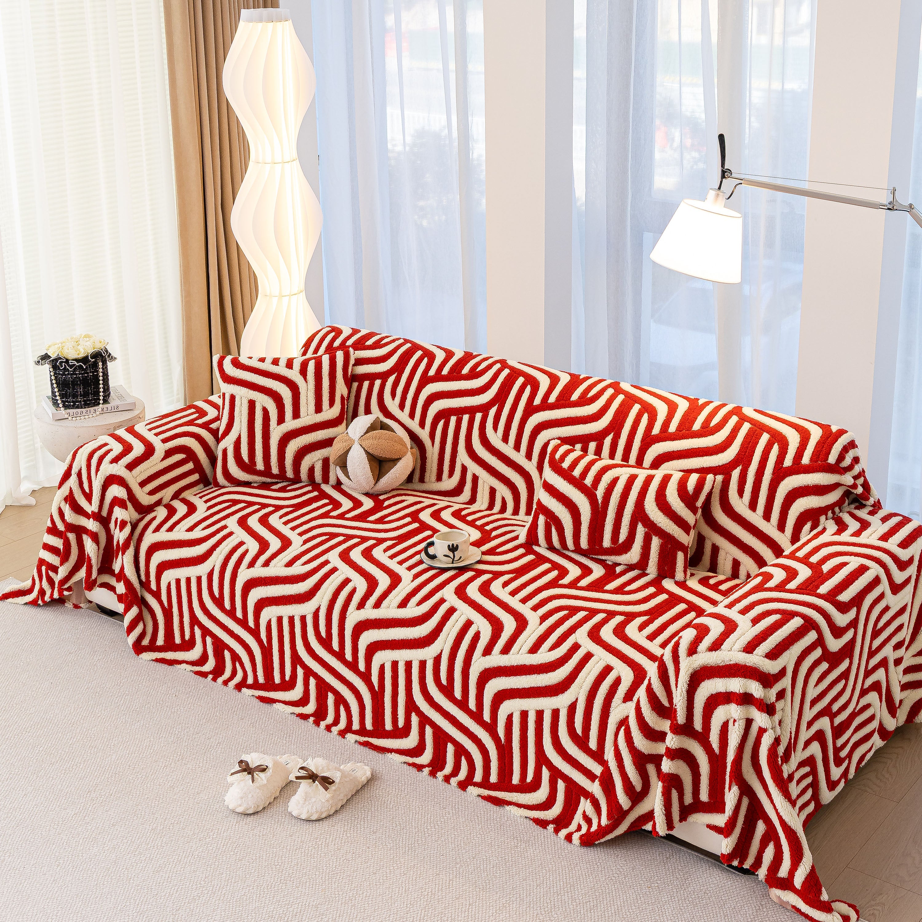 Plush Sherpa Sofa Throw Cover For Sectional, Jacquard Wave Throw Furniture Protector