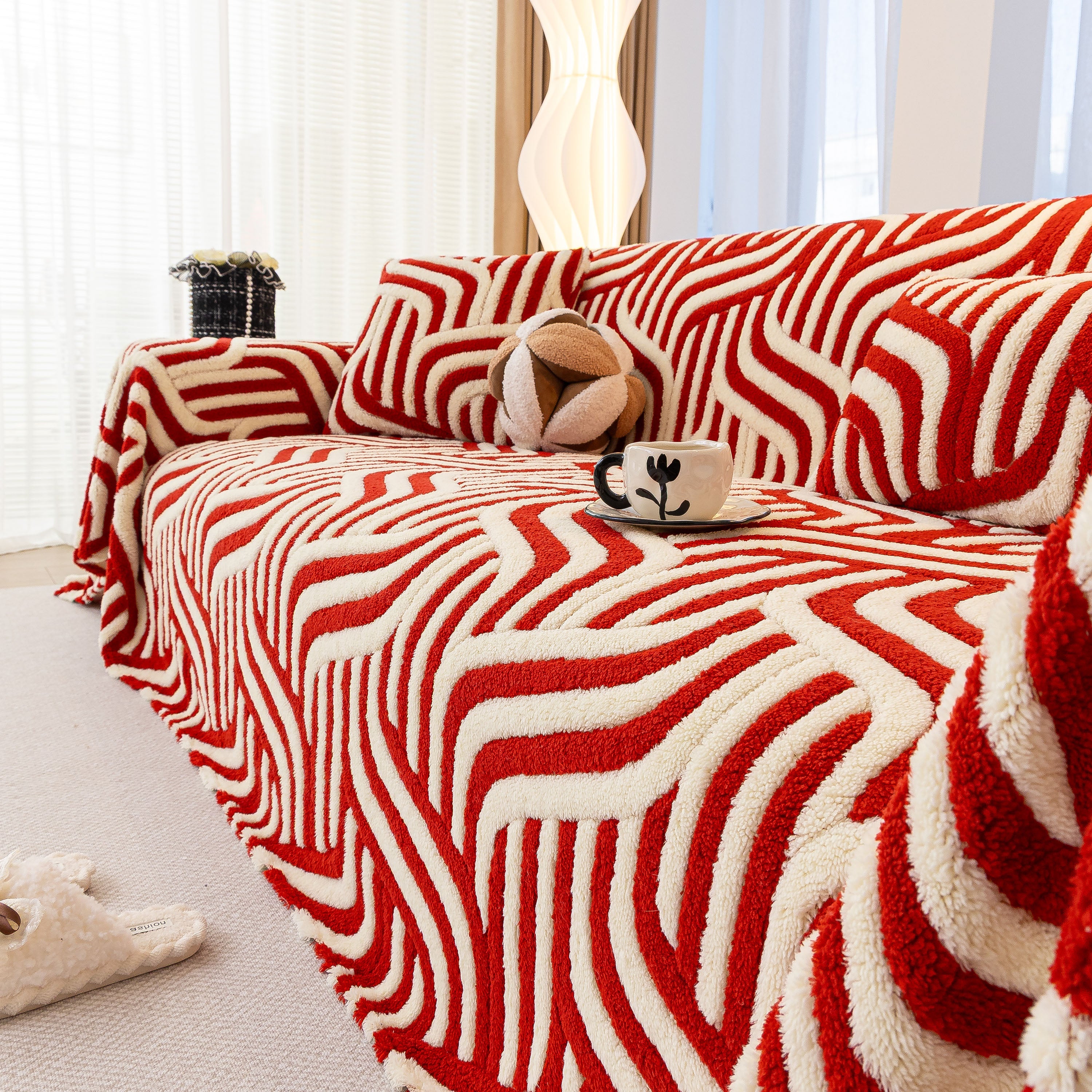 Plush Sherpa Sofa Throw Cover For Sectional, Jacquard Wave Throw Furniture Protector