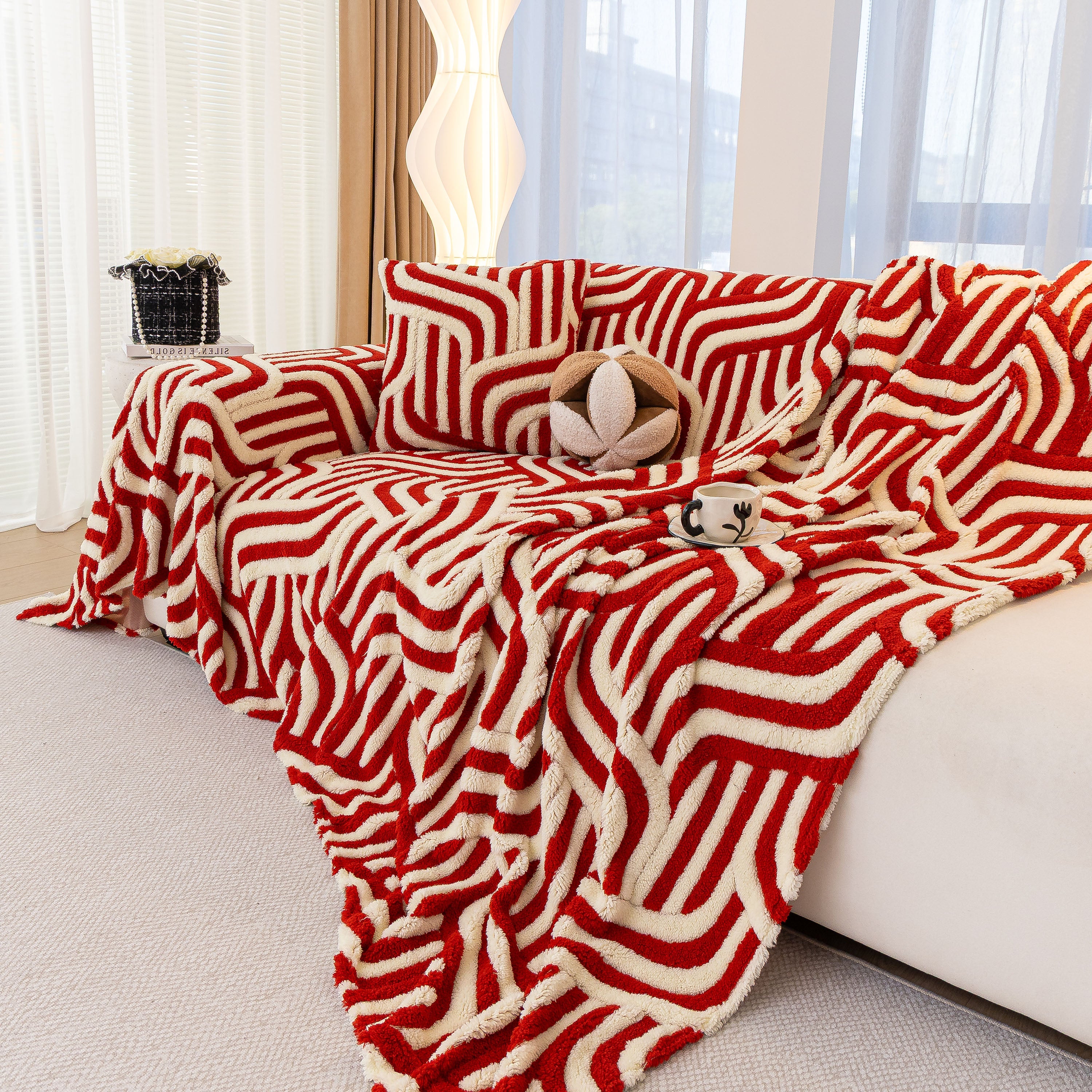 Plush Sherpa Sofa Throw Cover For Sectional, Jacquard Wave Throw Furniture Protector