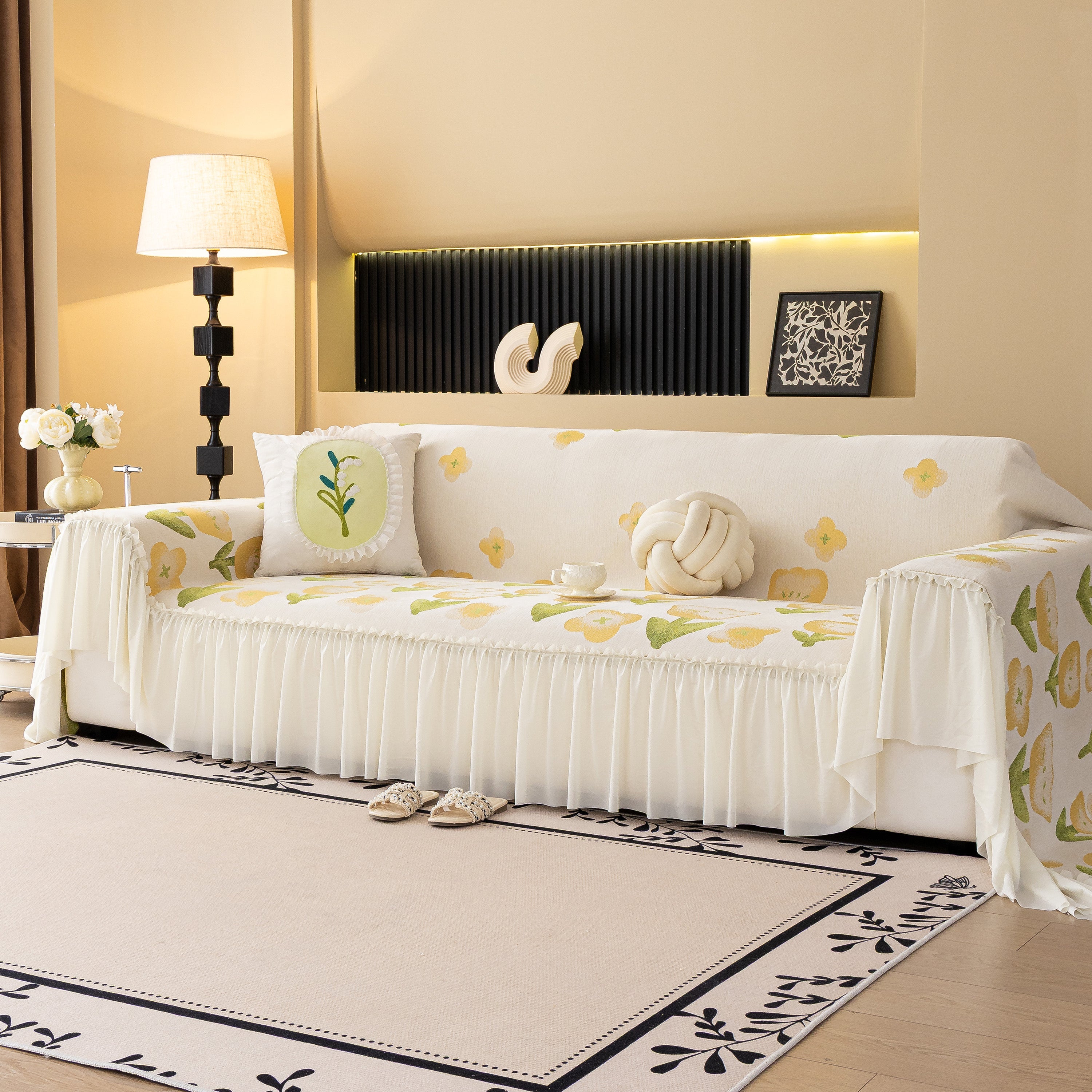 Ruffled Sweet Floral Sofa Cover With Skirt, Soft And Decorative Couch Throw Cover