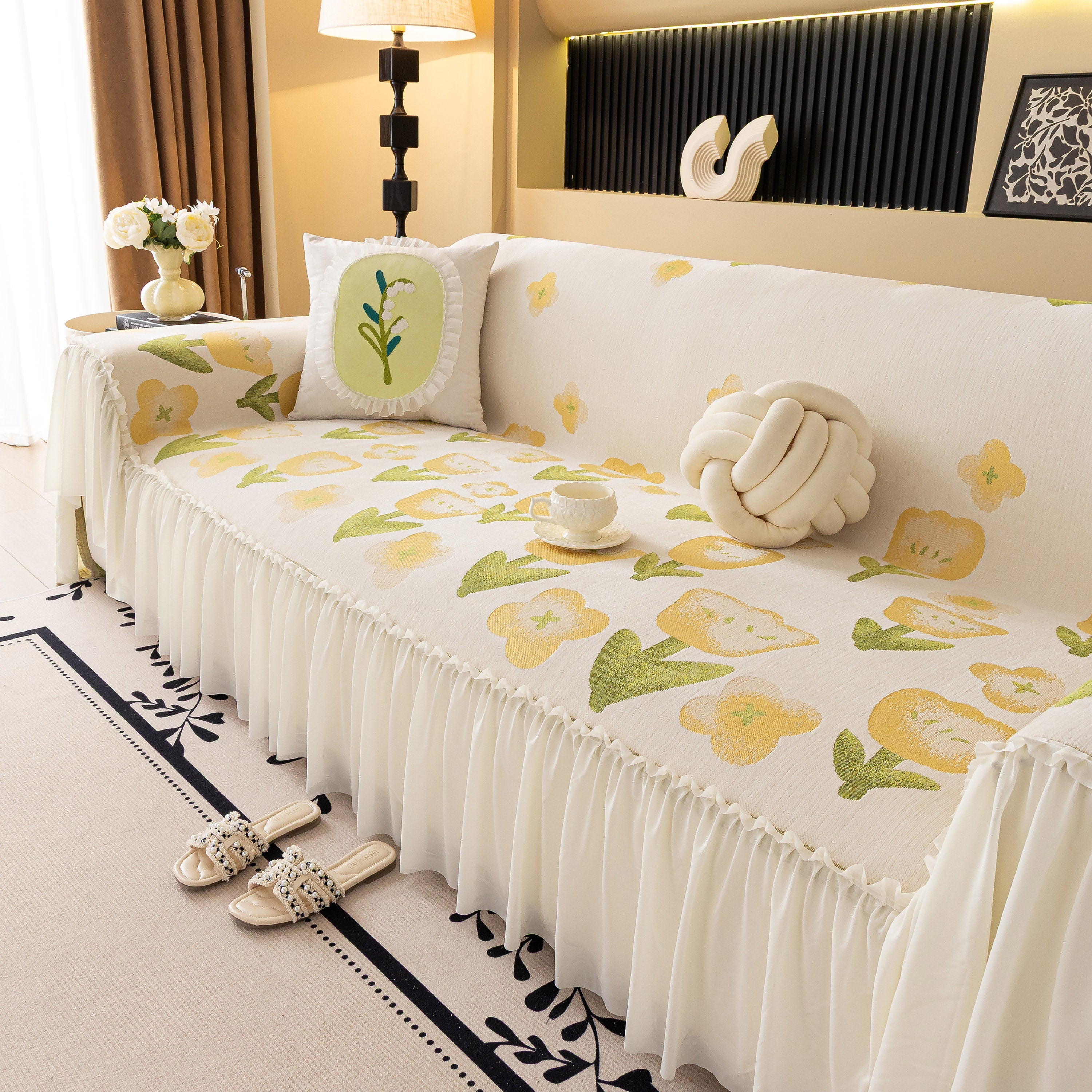 Ruffled Sweet Floral Sofa Cover With Skirt, Soft And Decorative Couch Throw Cover
