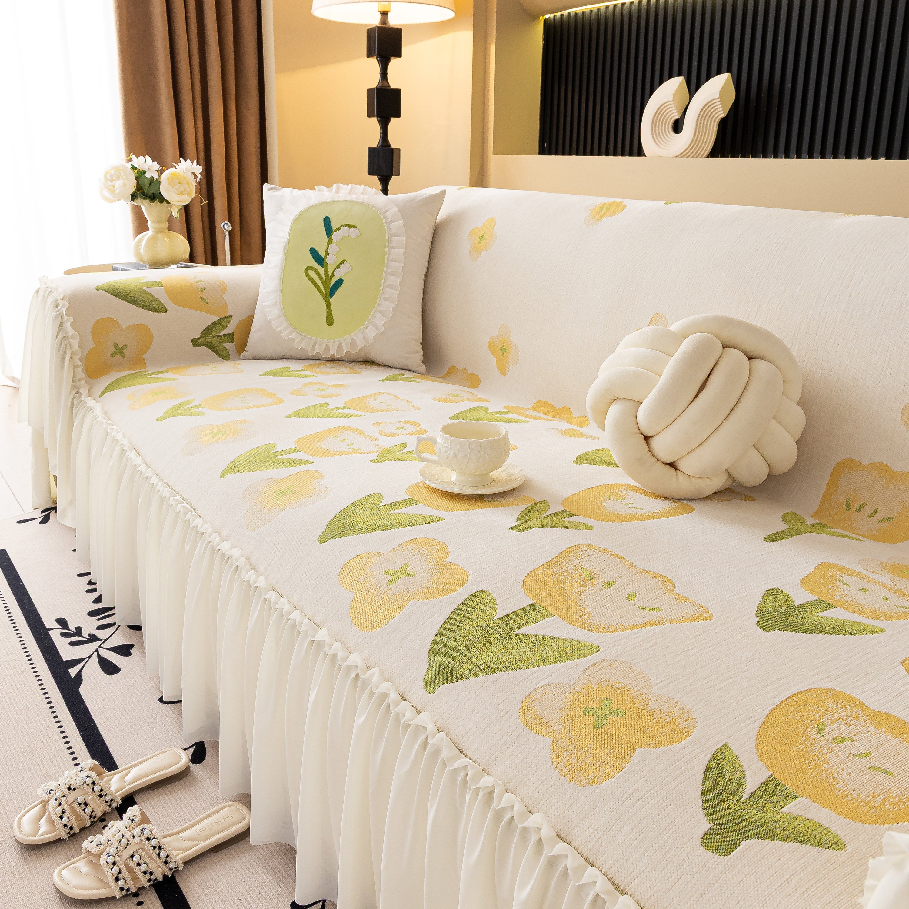 Ruffled Sweet Floral Sofa Cover With Skirt, Soft And Decorative Couch Throw Cover