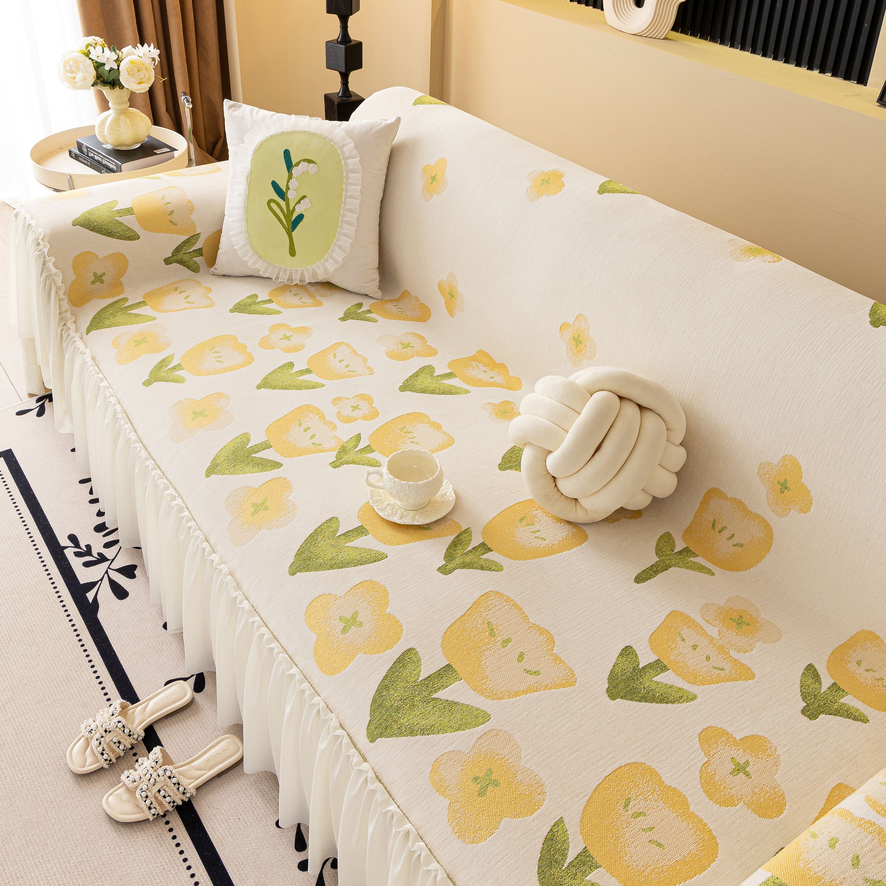 Ruffled Sweet Floral Sofa Cover With Skirt, Soft And Decorative Couch Throw Cover