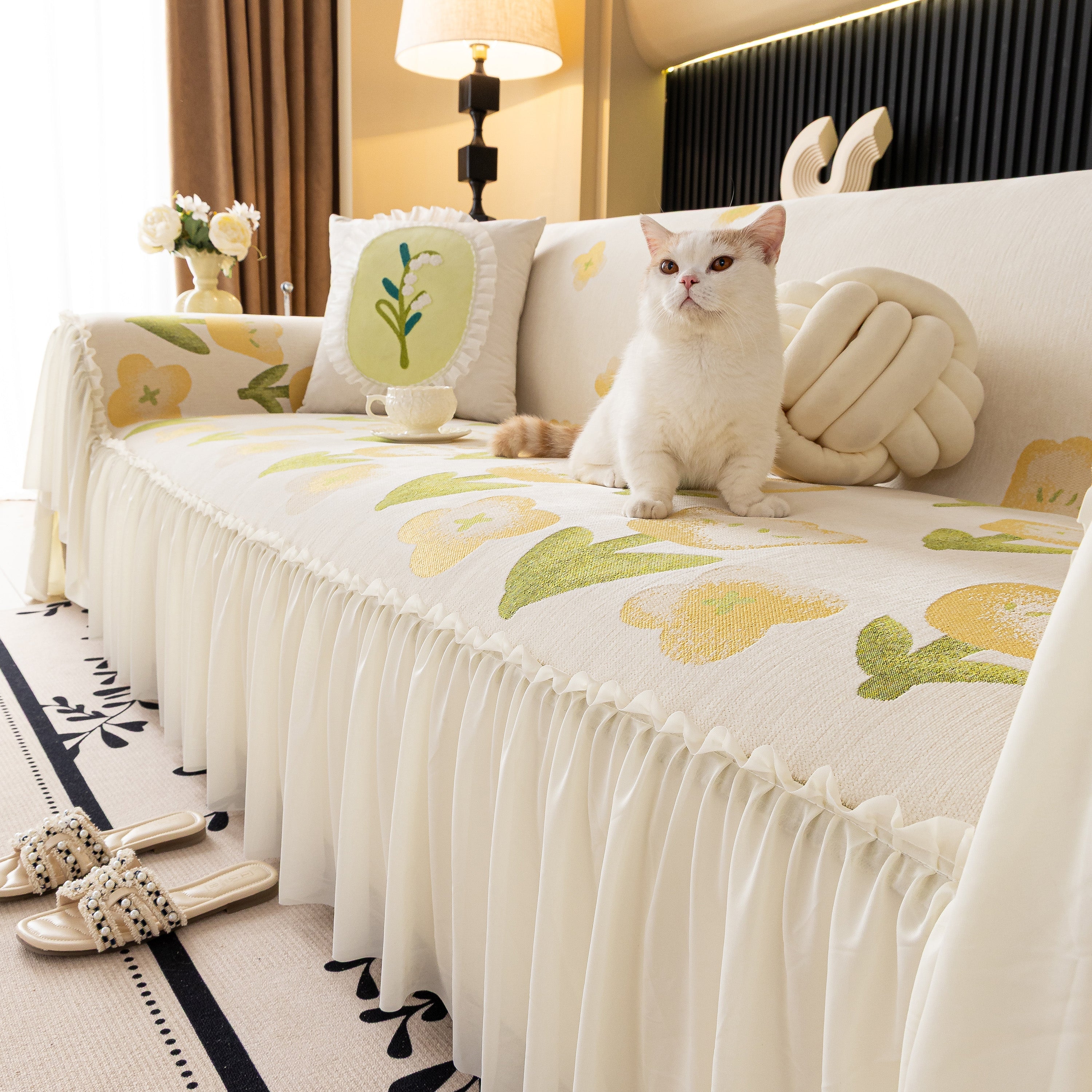 Ruffled Sweet Floral Sofa Cover With Skirt, Soft And Decorative Couch Throw Cover