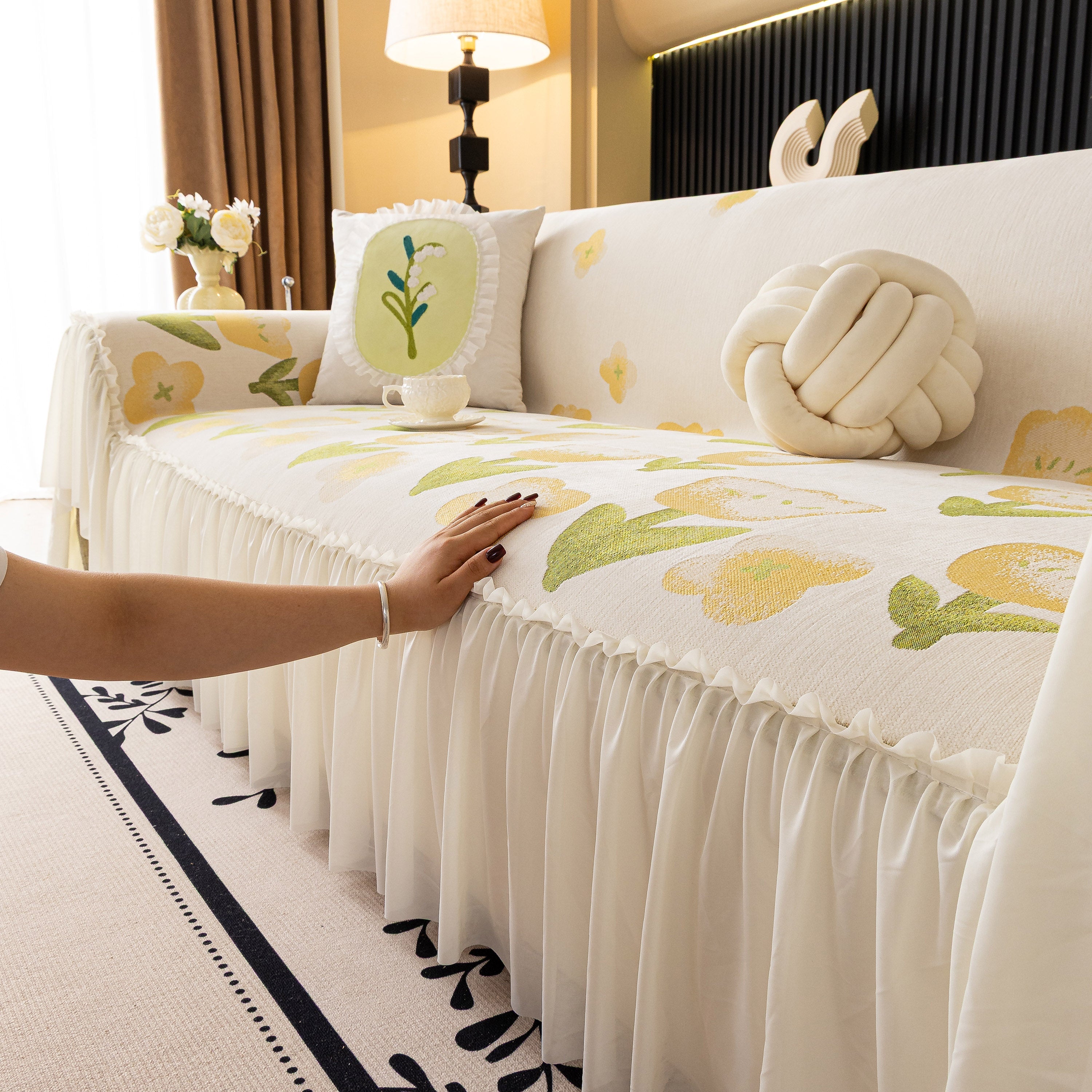 Ruffled Sweet Floral Sofa Cover With Skirt, Soft And Decorative Couch Throw Cover