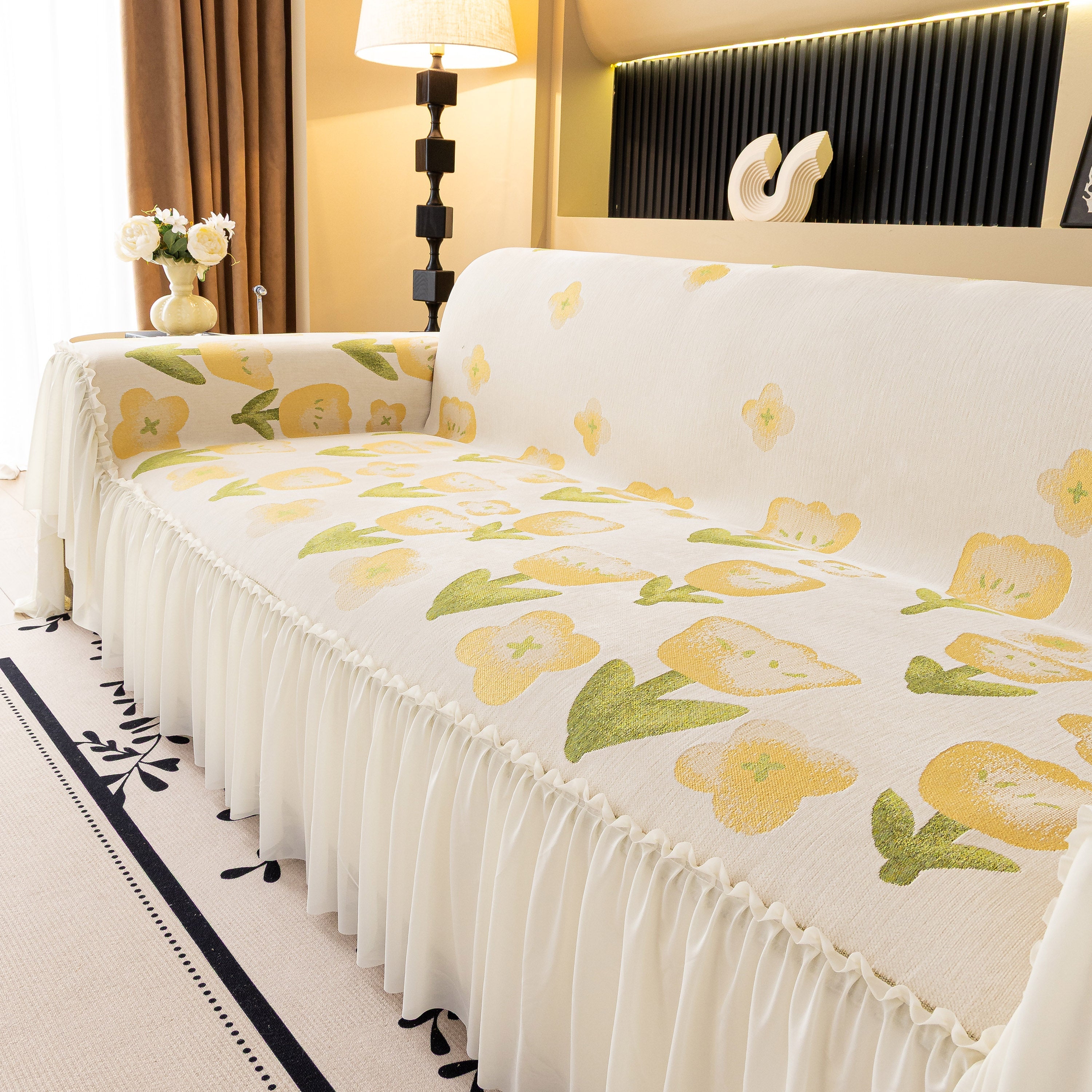 Ruffled Sweet Floral Sofa Cover With Skirt, Soft And Decorative Couch Throw Cover