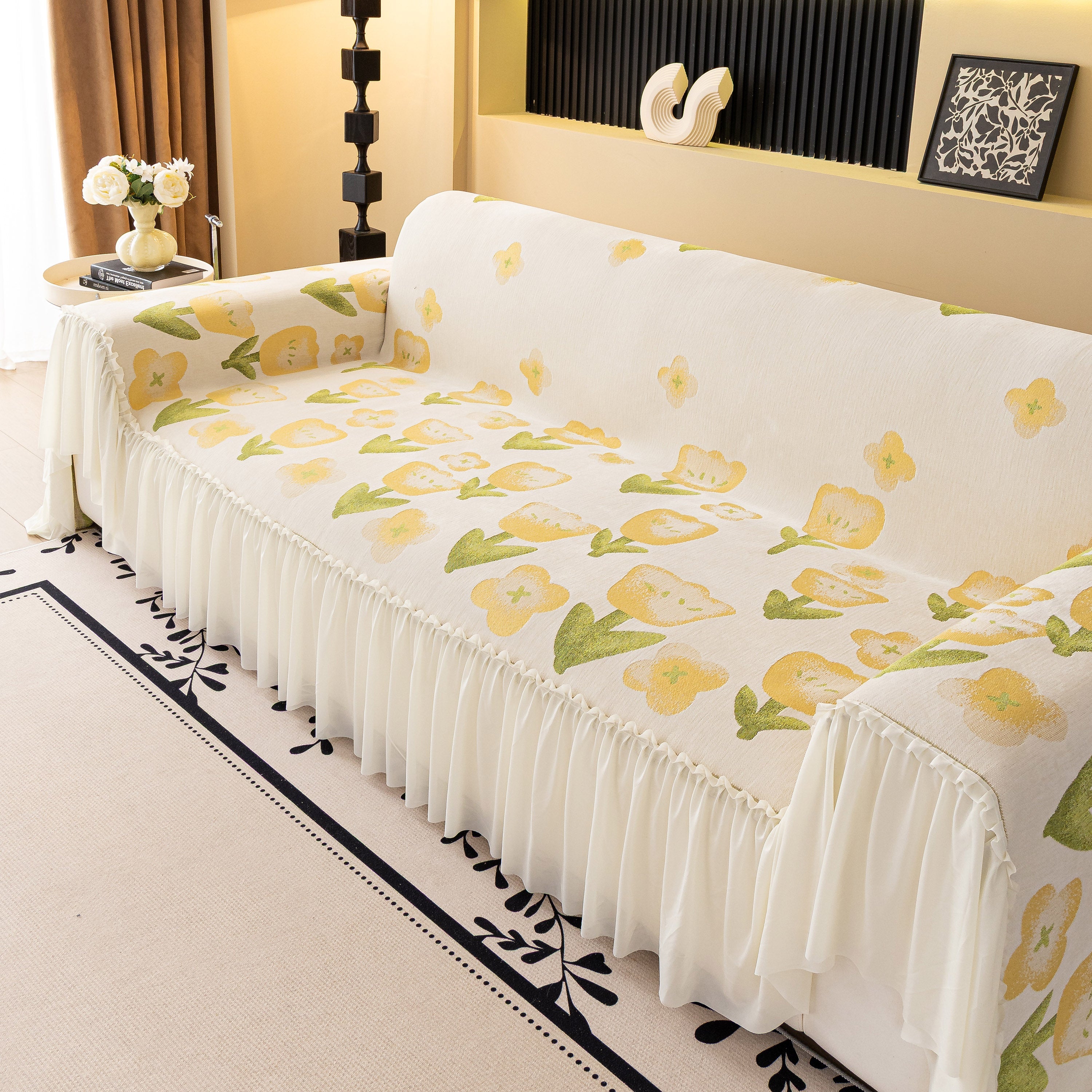 Ruffled Sweet Floral Sofa Cover With Skirt, Soft And Decorative Couch Throw Cover
