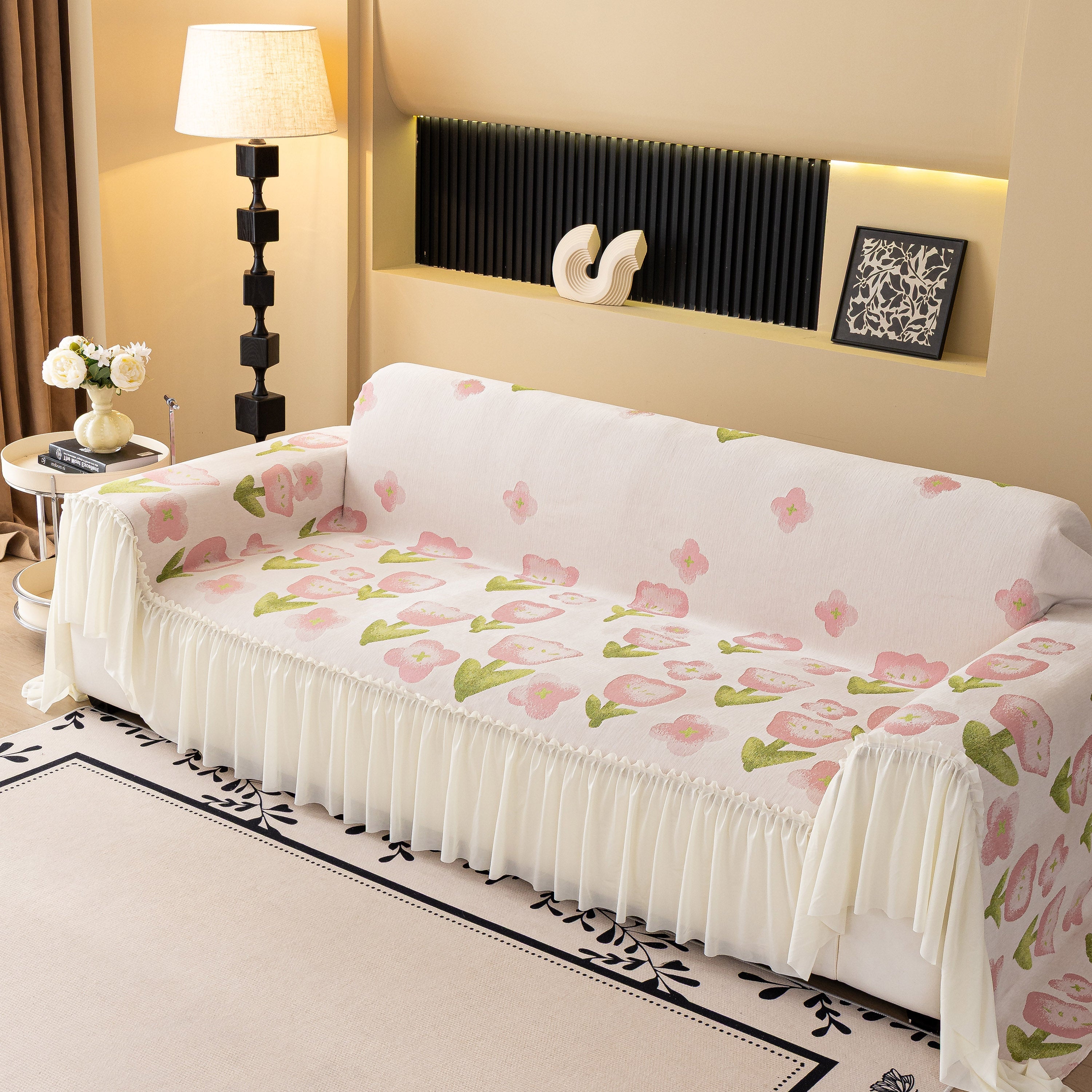 Ruffled Sweet Floral Sofa Cover With Skirt, Soft And Decorative Couch Throw Cover
