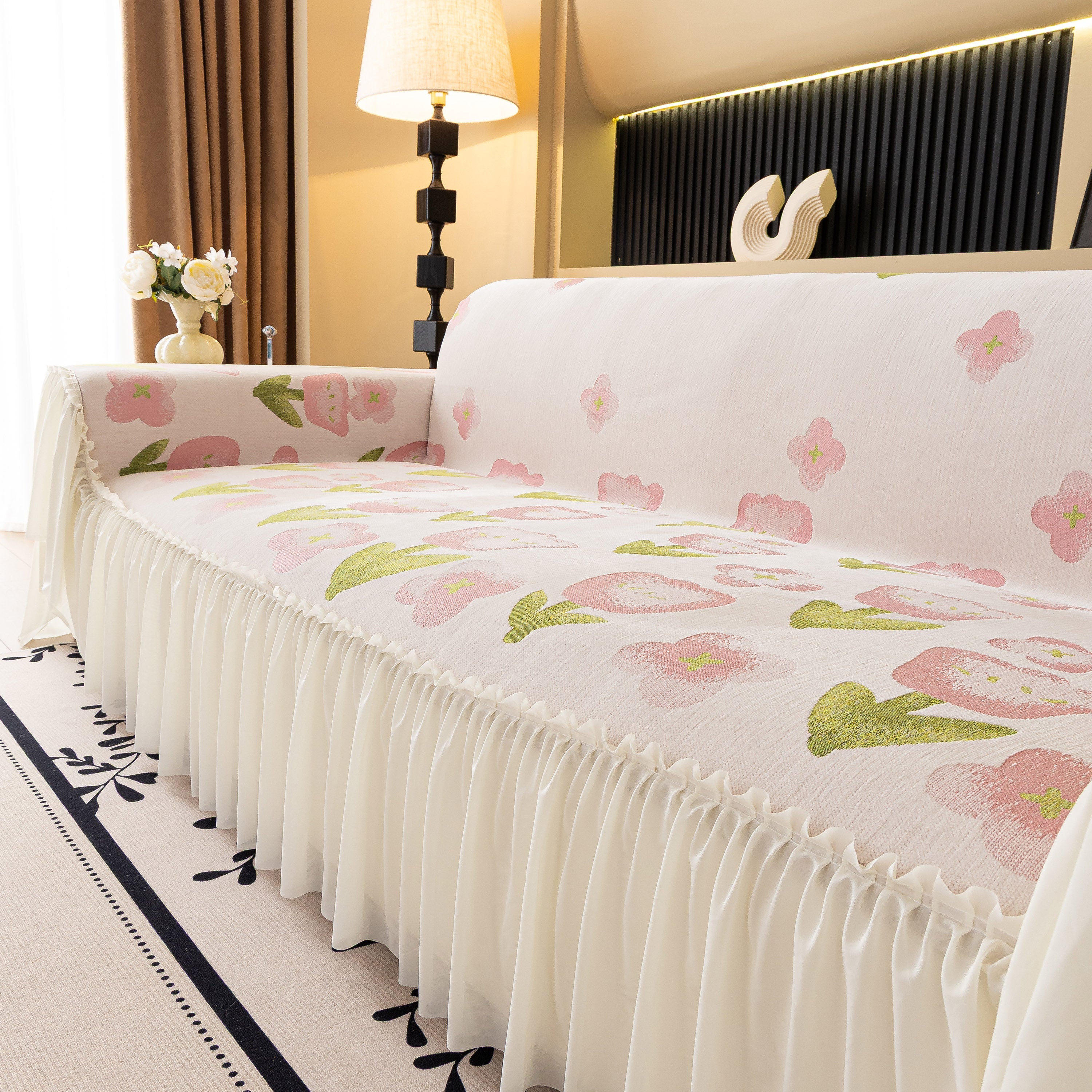 Ruffled Sweet Floral Sofa Cover With Skirt, Soft And Decorative Couch Throw Cover