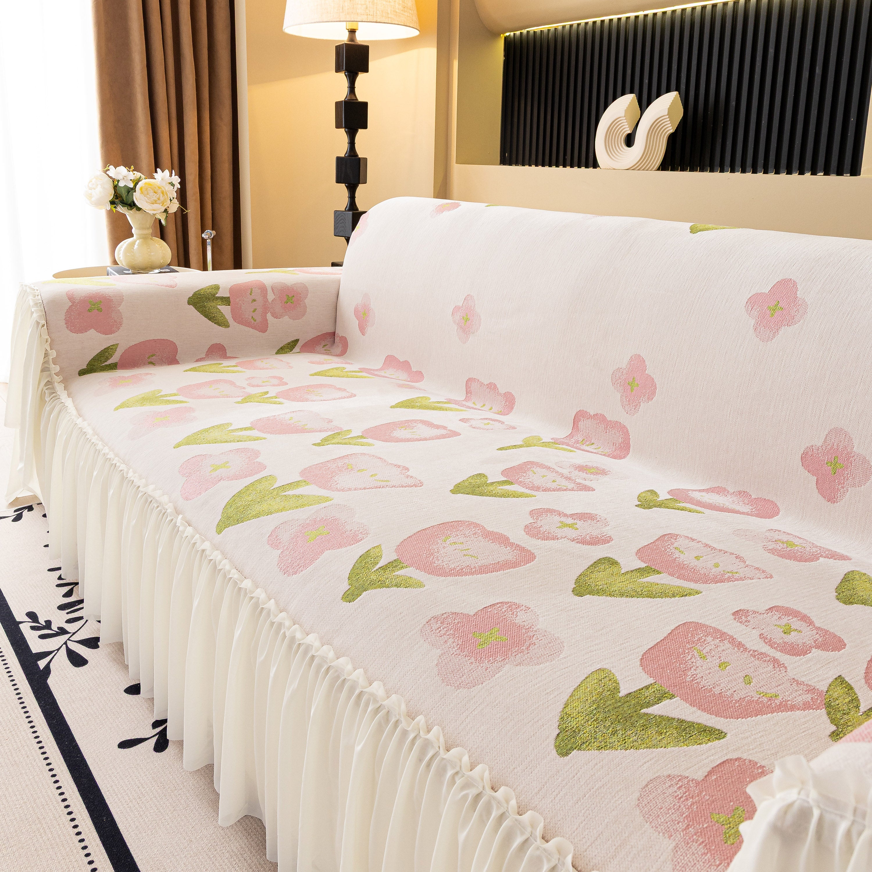 Ruffled Sweet Floral Sofa Cover With Skirt, Soft And Decorative Couch Throw Cover