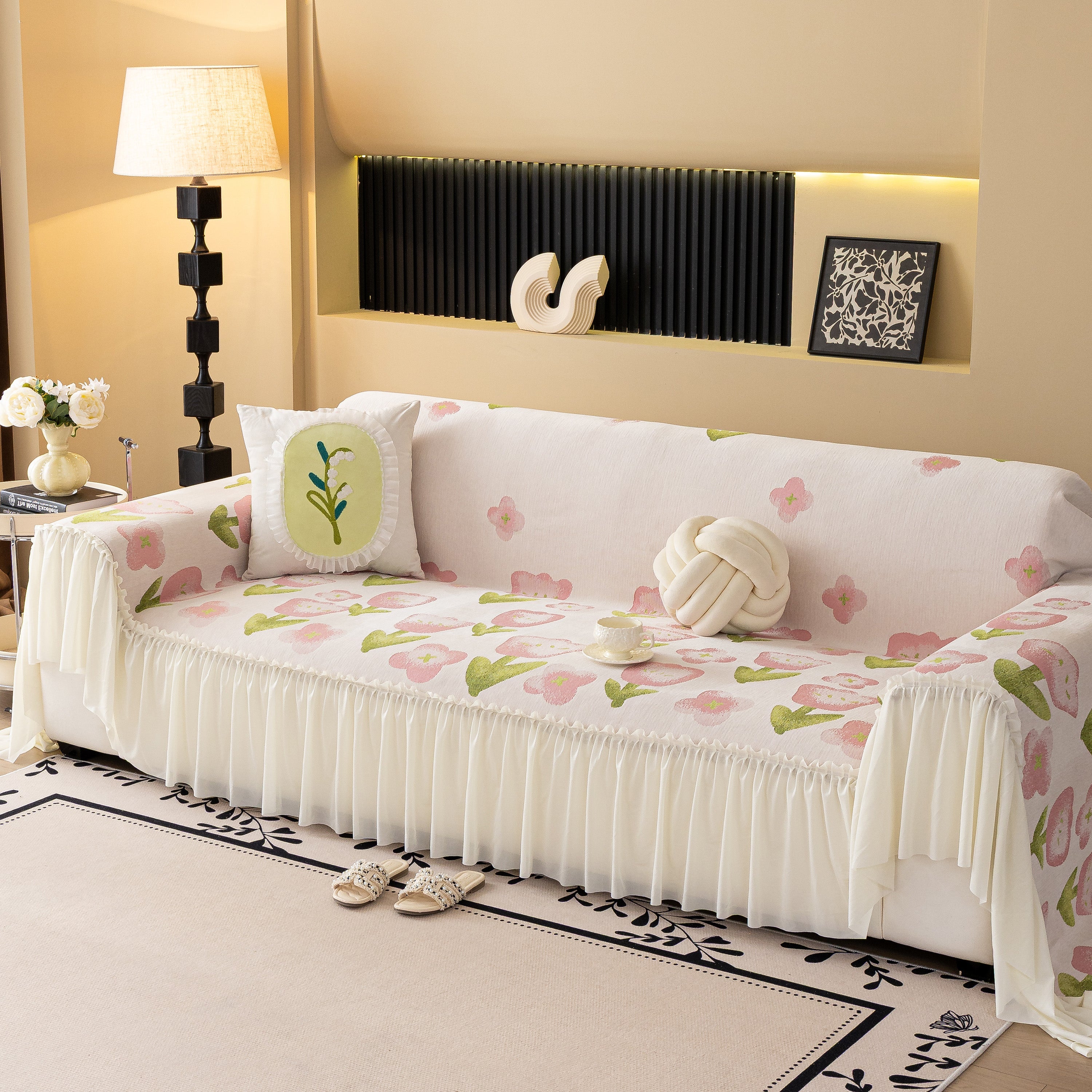 Ruffled Sweet Floral Sofa Cover With Skirt, Soft And Decorative Couch Throw Cover