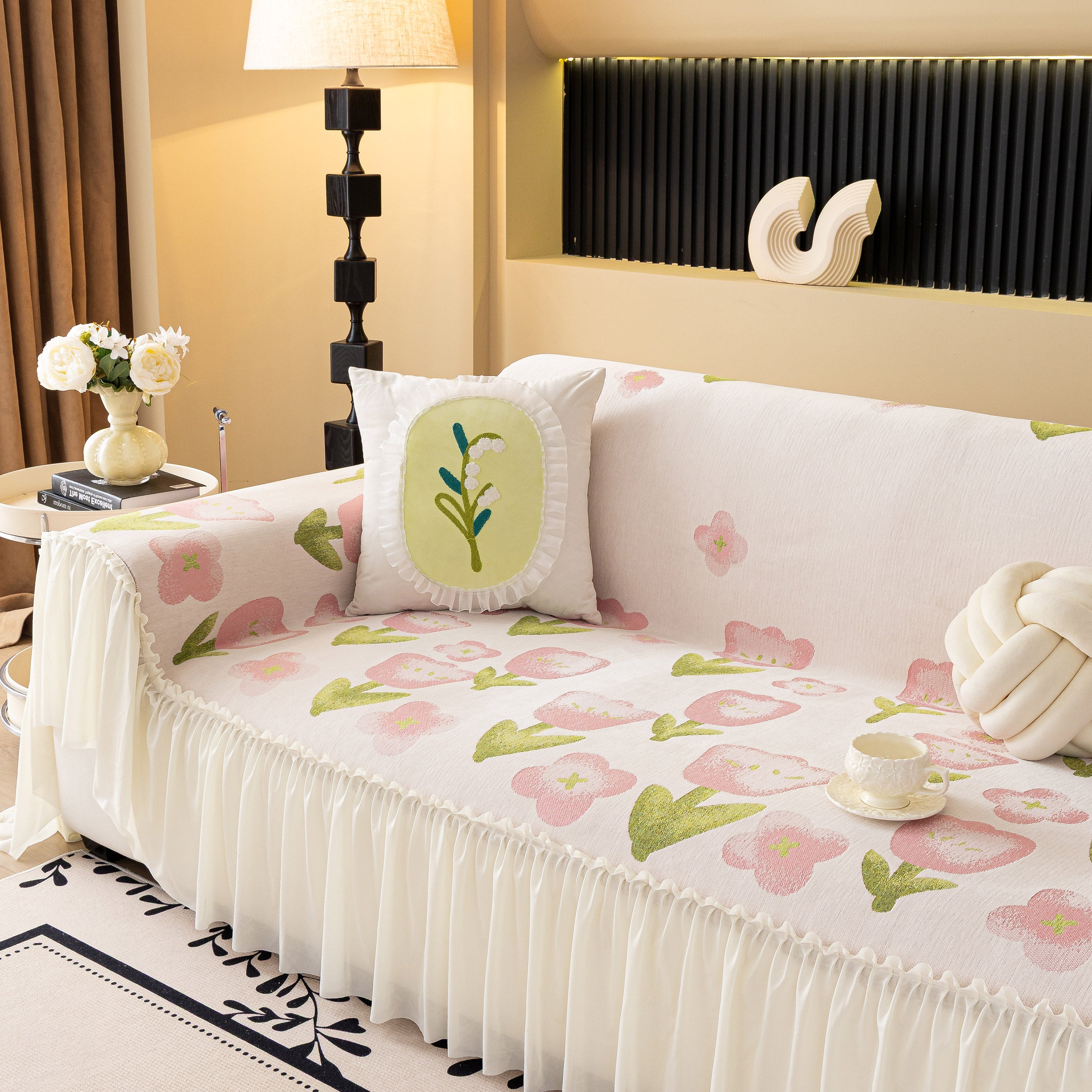 Ruffled Sweet Floral Sofa Cover With Skirt, Soft And Decorative Couch Throw Cover