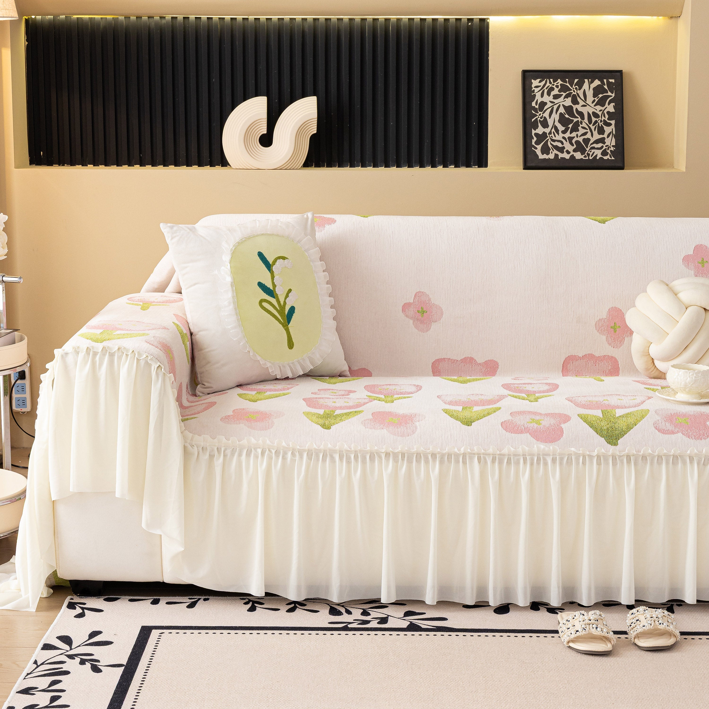 Ruffled Sweet Floral Sofa Cover With Skirt, Soft And Decorative Couch Throw Cover