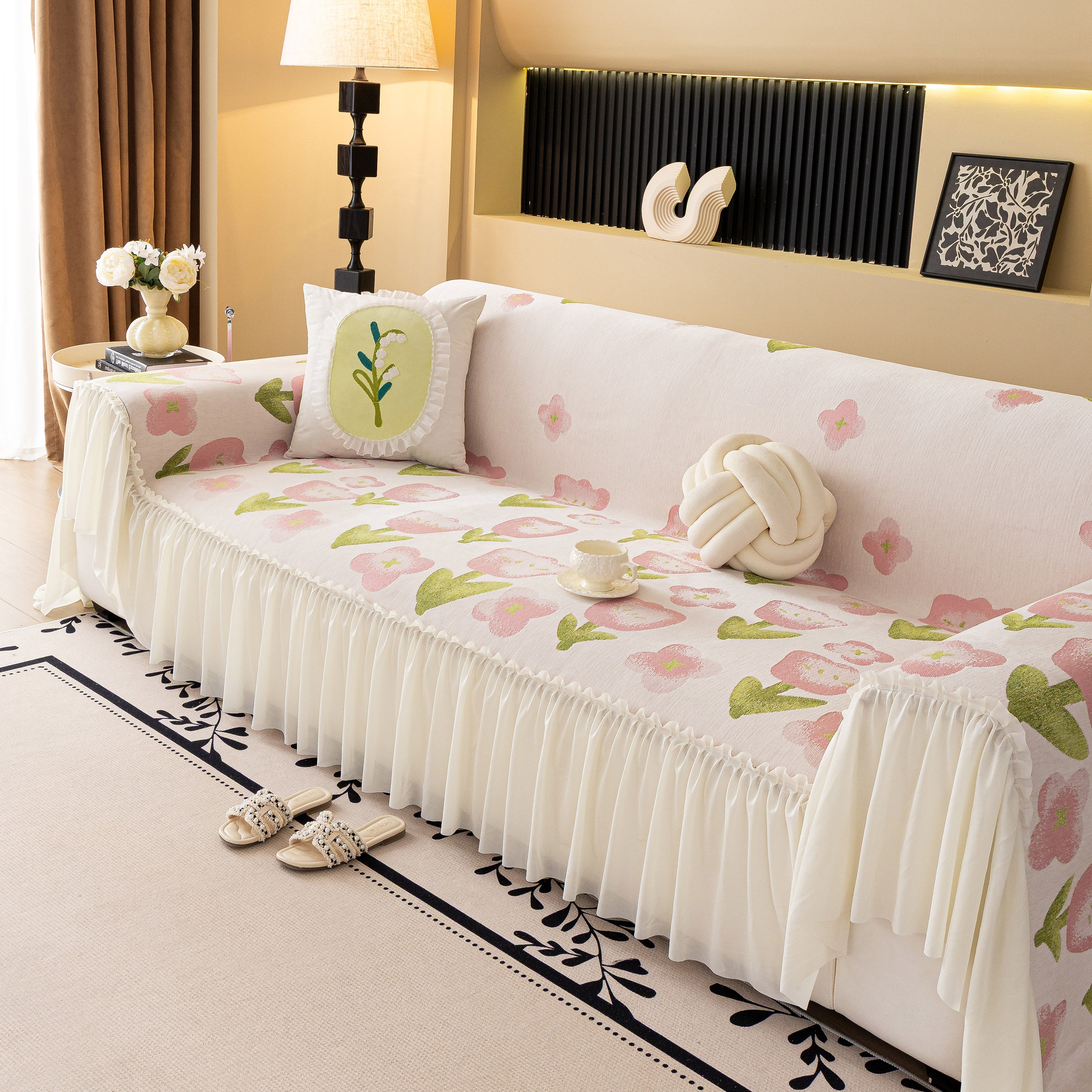 Ruffled Sweet Floral Sofa Cover With Skirt, Soft And Decorative Couch Throw Cover