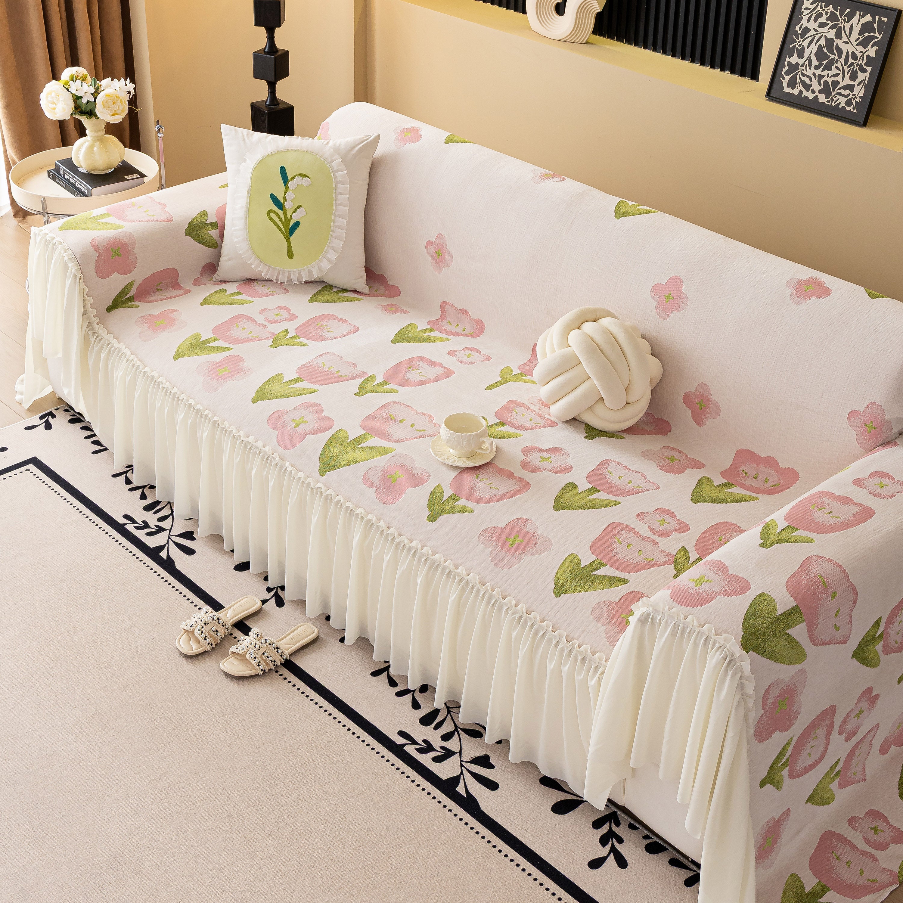 Ruffled Sweet Floral Sofa Cover With Skirt, Soft And Decorative Couch Throw Cover