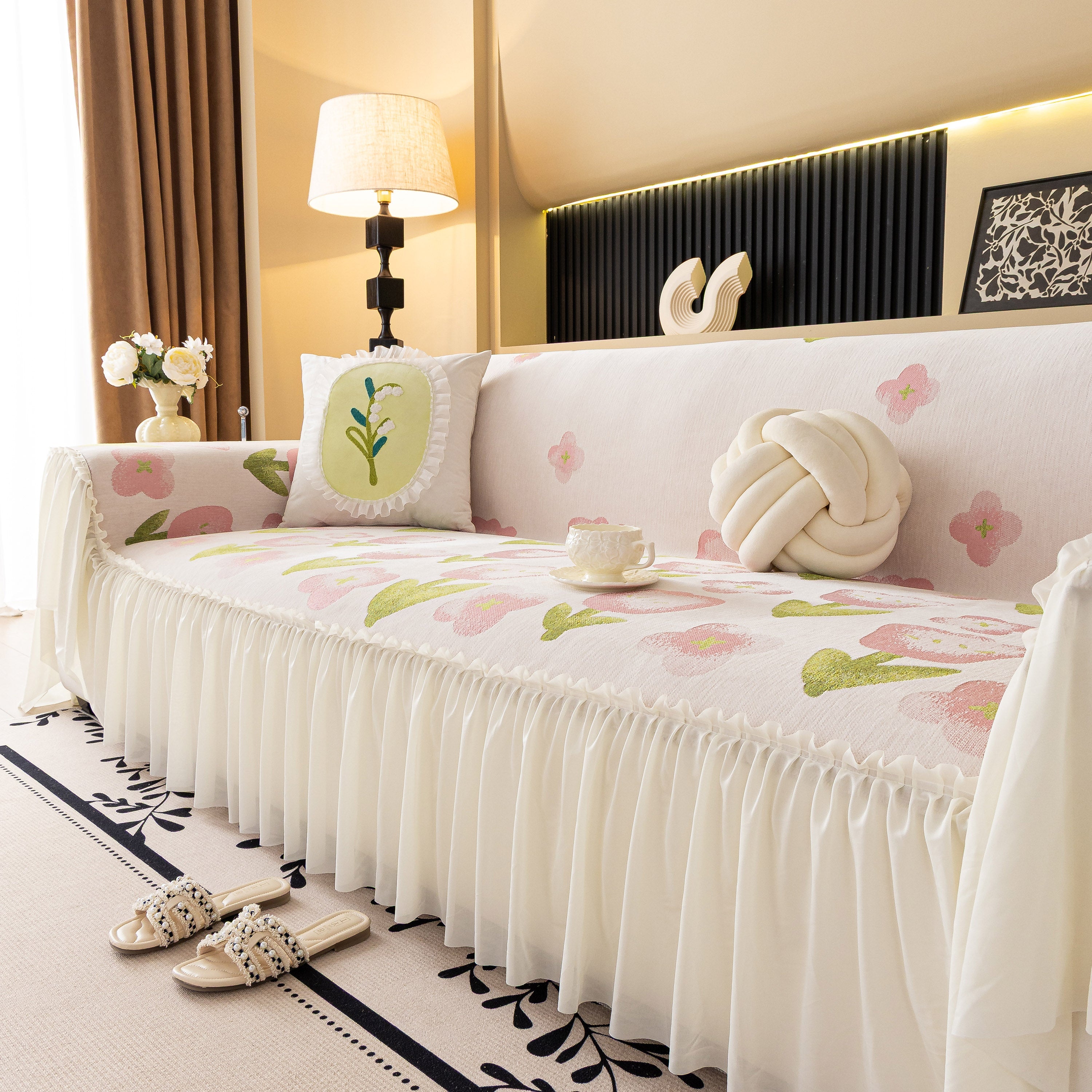Ruffled Sweet Floral Sofa Cover With Skirt, Soft And Decorative Couch Throw Cover