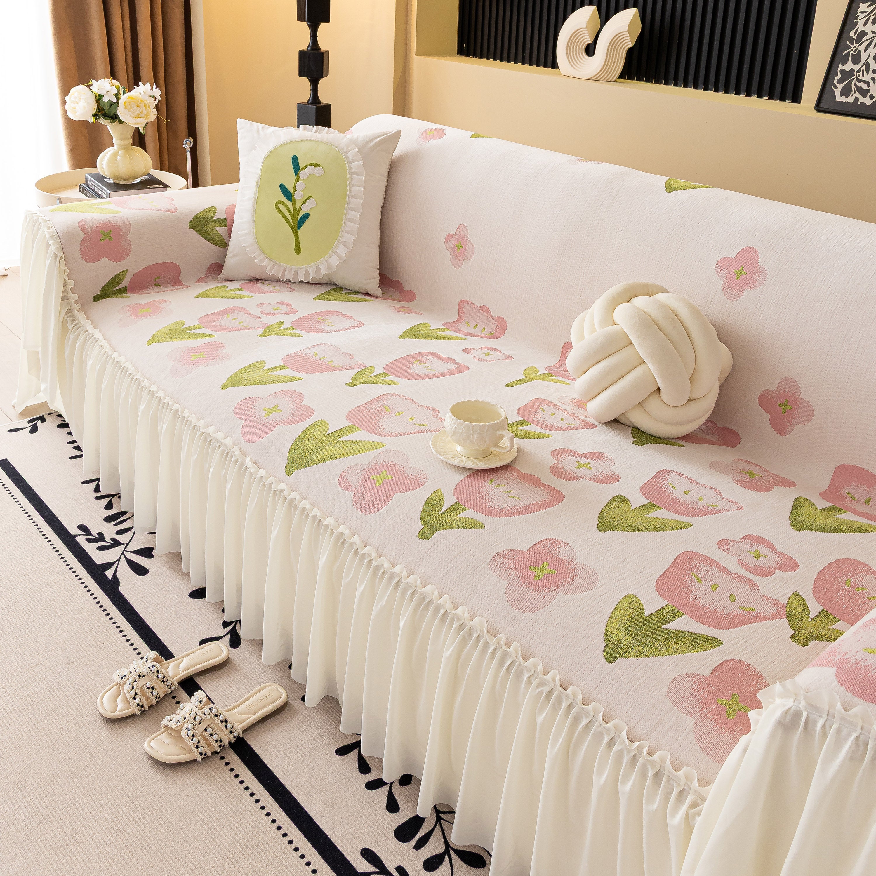 Ruffled Sweet Floral Sofa Cover With Skirt, Soft And Decorative Couch Throw Cover