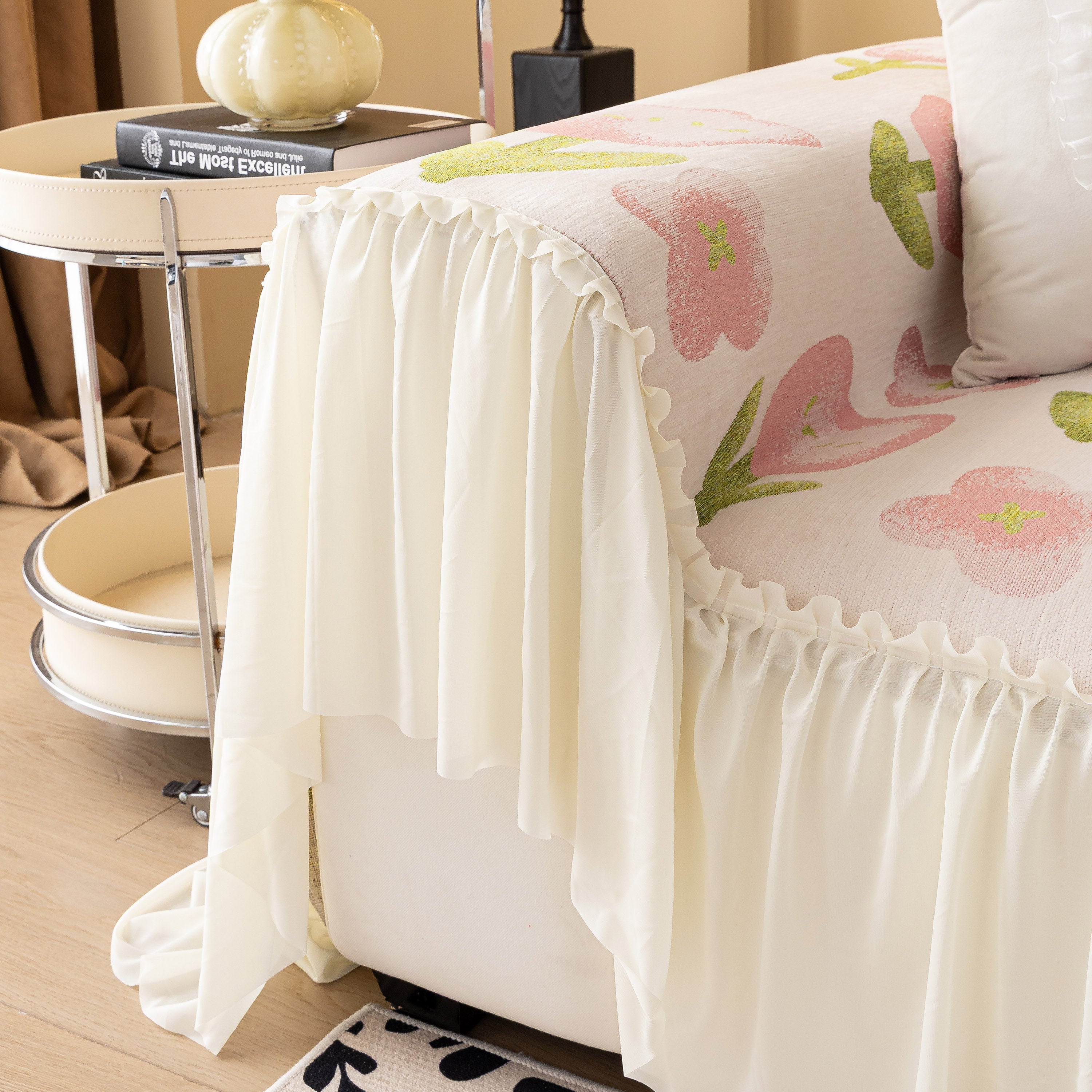 Ruffled Sweet Floral Sofa Cover With Skirt, Soft And Decorative Couch Throw Cover
