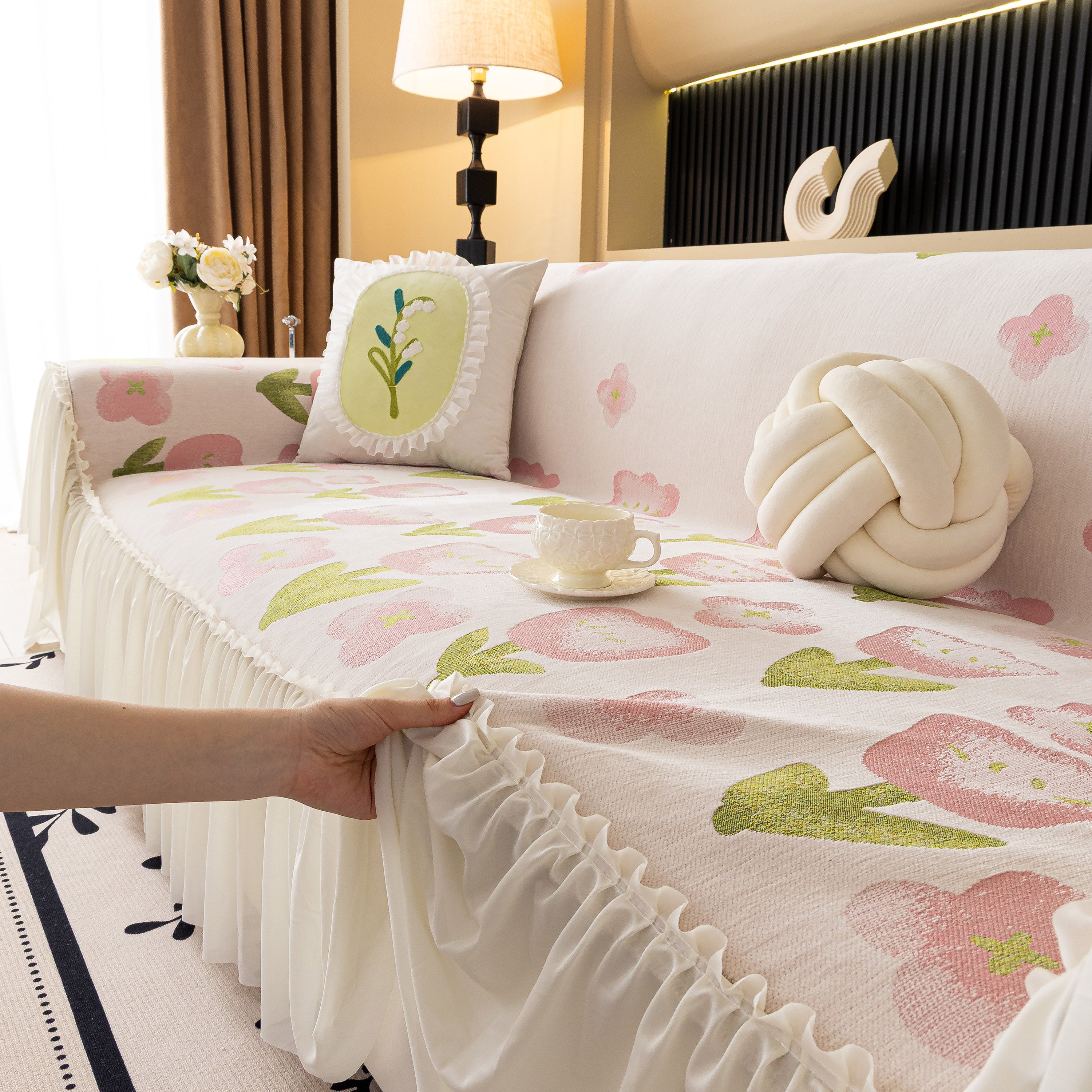 Ruffled Sweet Floral Sofa Cover With Skirt, Soft And Decorative Couch Throw Cover