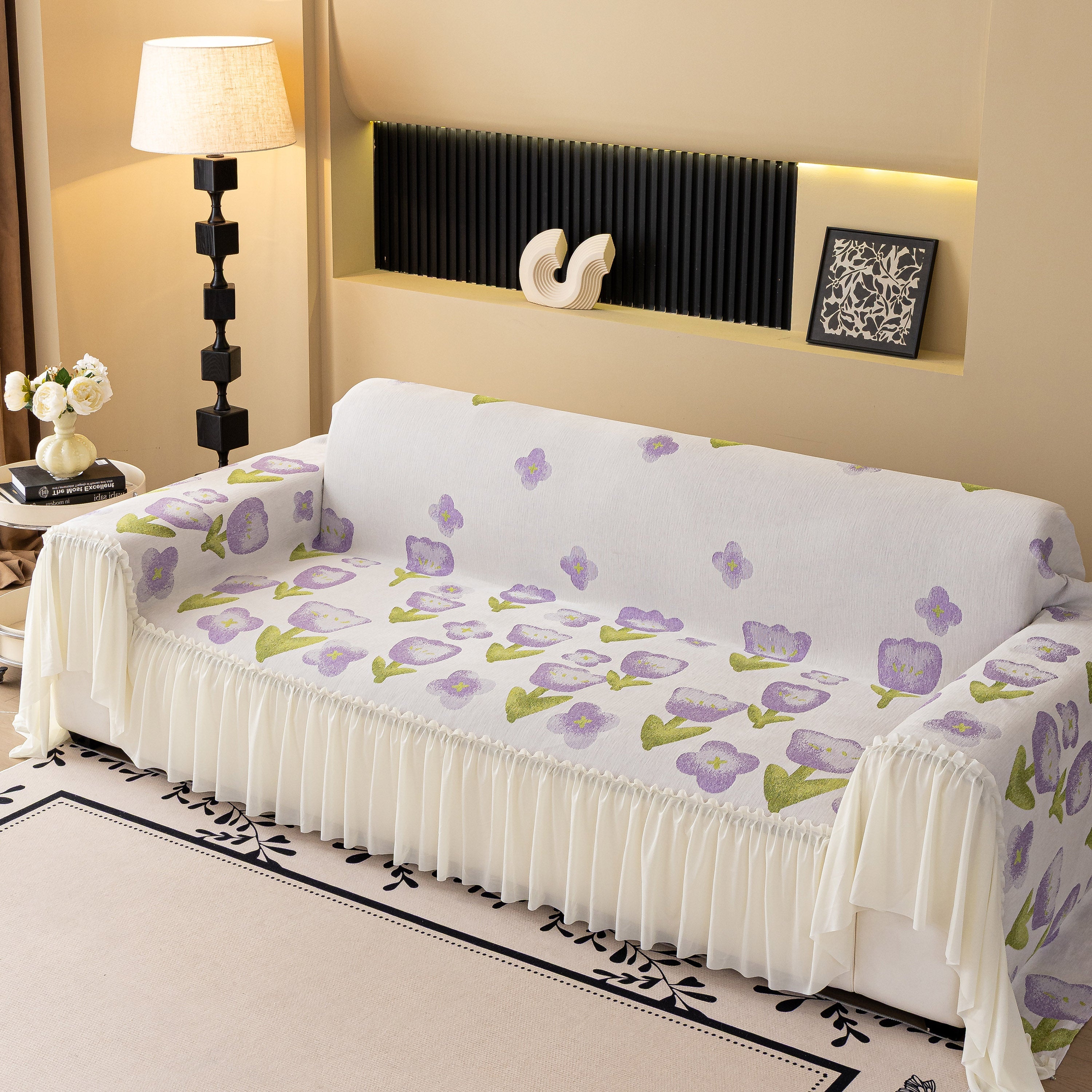 Ruffled Sweet Floral Sofa Cover With Skirt, Soft And Decorative Couch Throw Cover