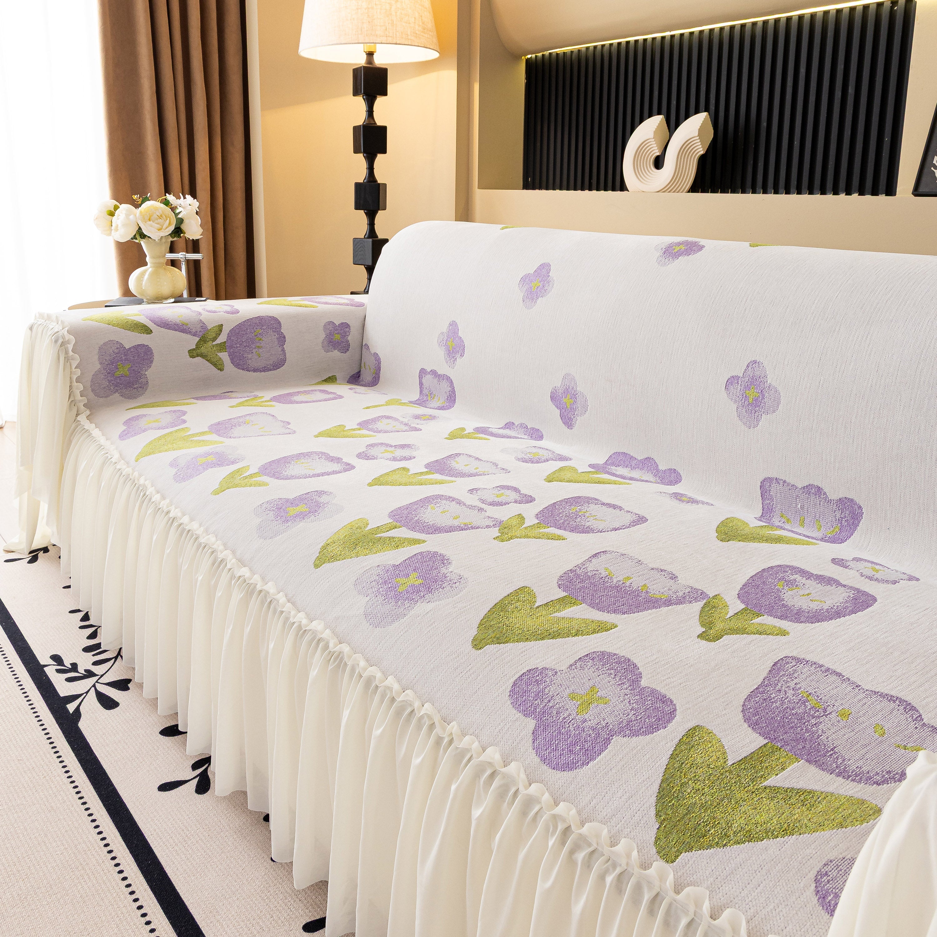 Ruffled Sweet Floral Sofa Cover With Skirt, Soft And Decorative Couch Throw Cover