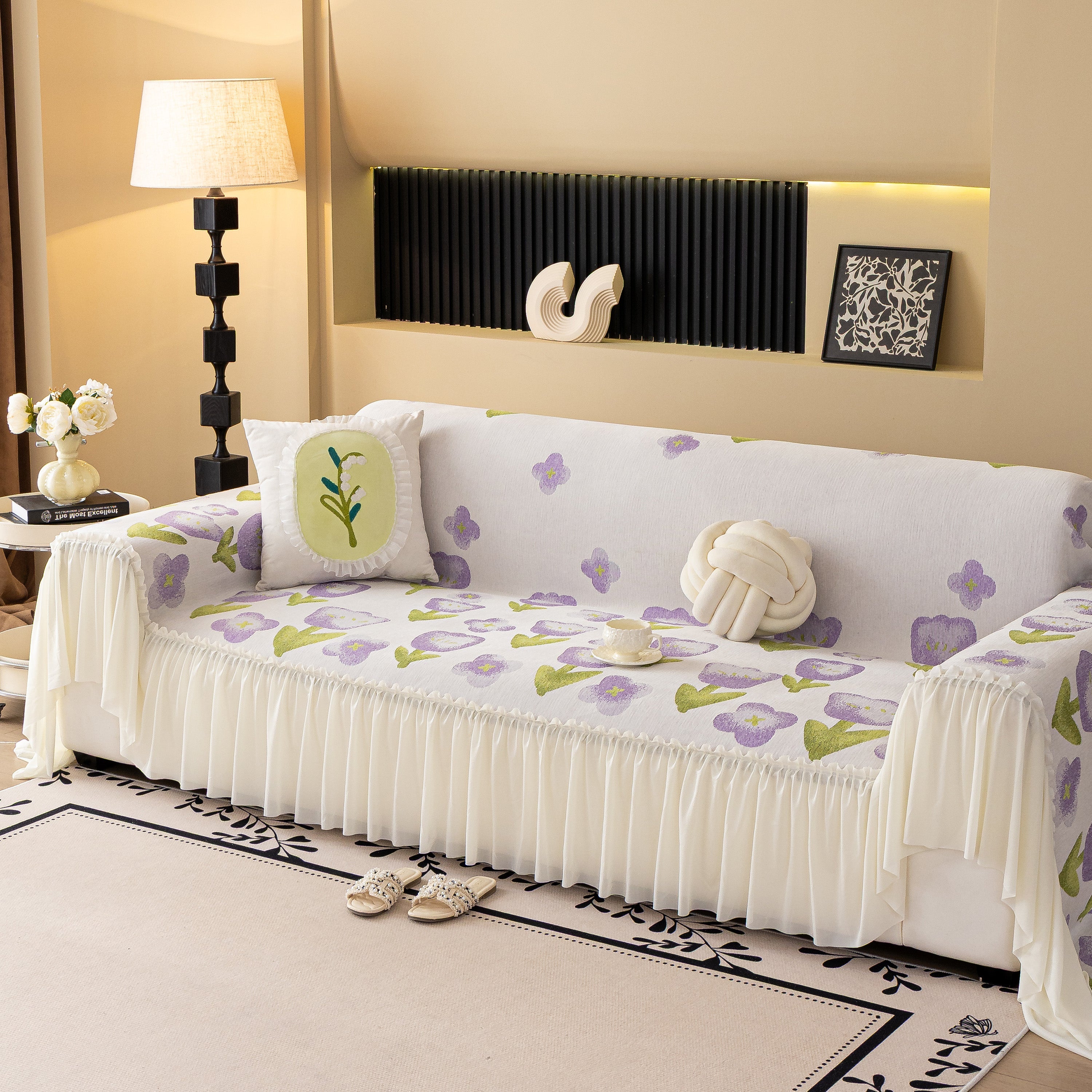 Ruffled Sweet Floral Sofa Cover With Skirt, Soft And Decorative Couch Throw Cover