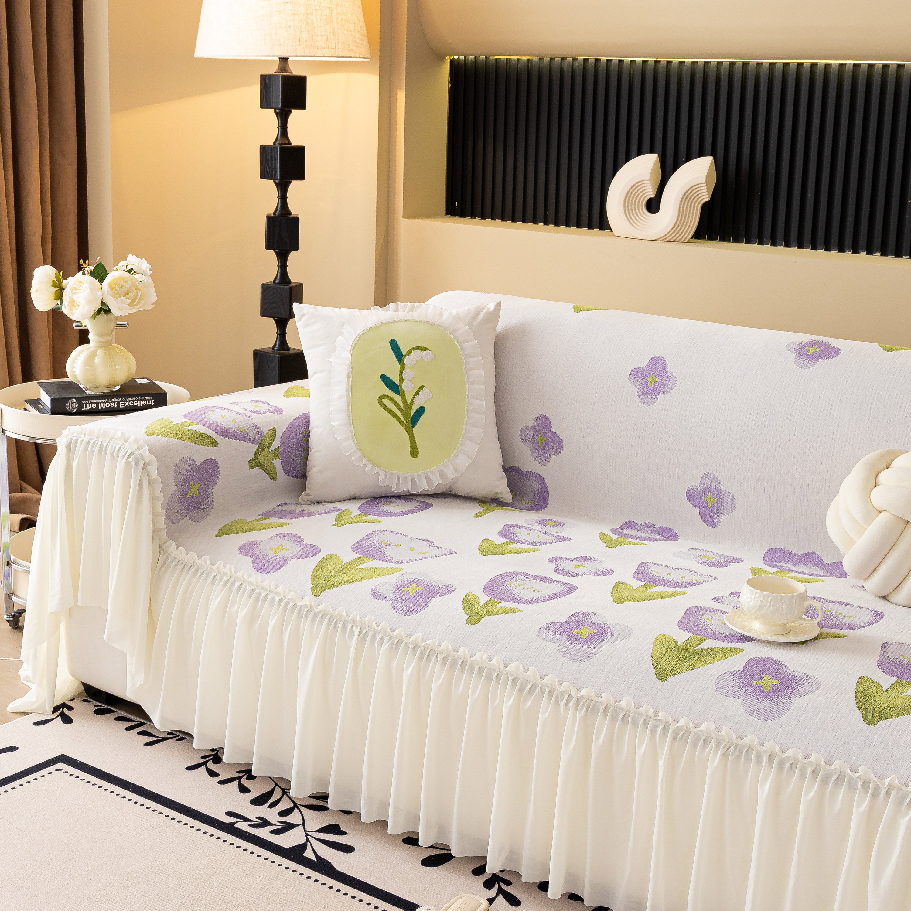 Ruffled Sweet Floral Sofa Cover With Skirt, Soft And Decorative Couch Throw Cover