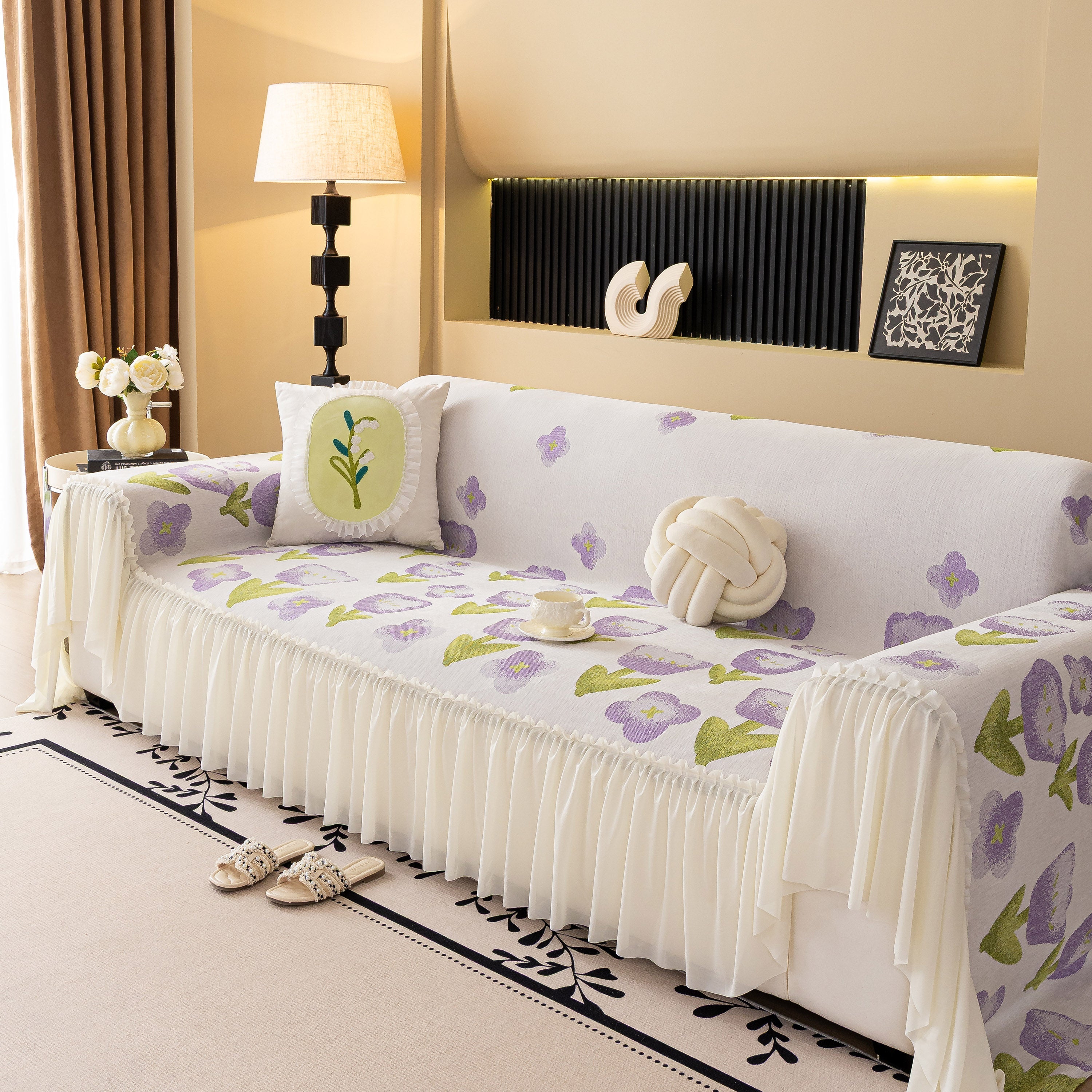 Ruffled Sweet Floral Sofa Cover With Skirt, Soft And Decorative Couch Throw Cover
