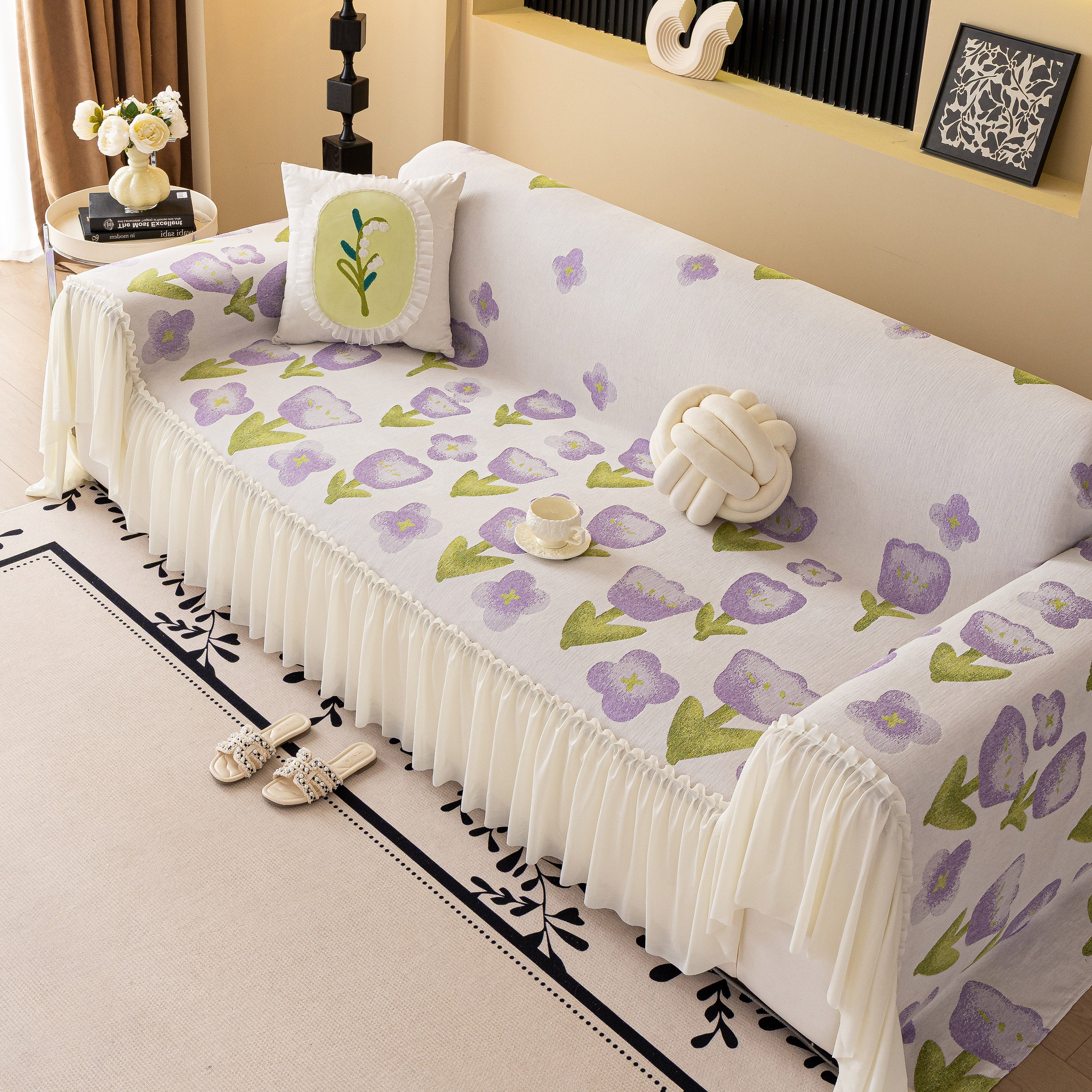 Ruffled Sweet Floral Sofa Cover With Skirt, Soft And Decorative Couch Throw Cover