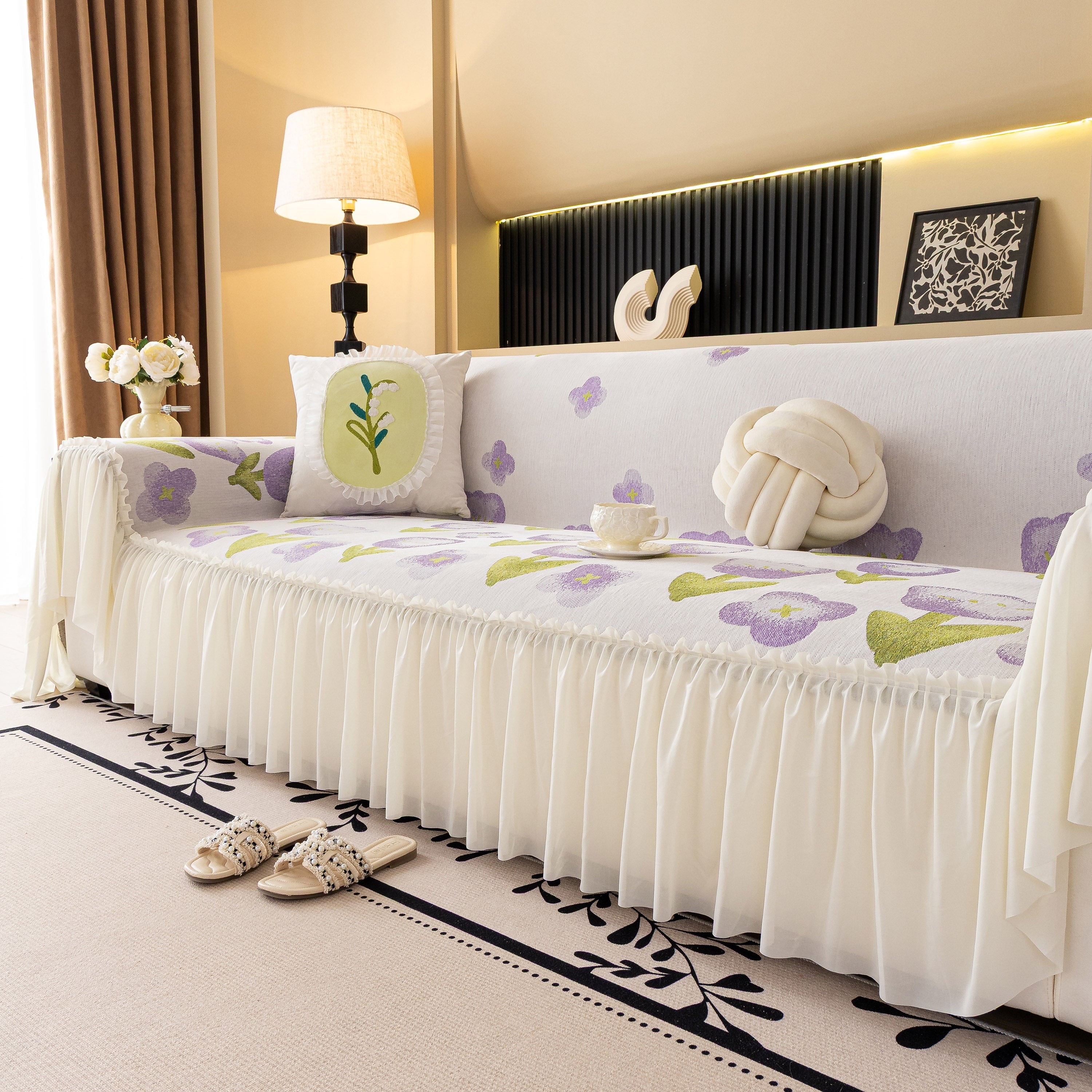 Ruffled Sweet Floral Sofa Cover With Skirt, Soft And Decorative Couch Throw Cover