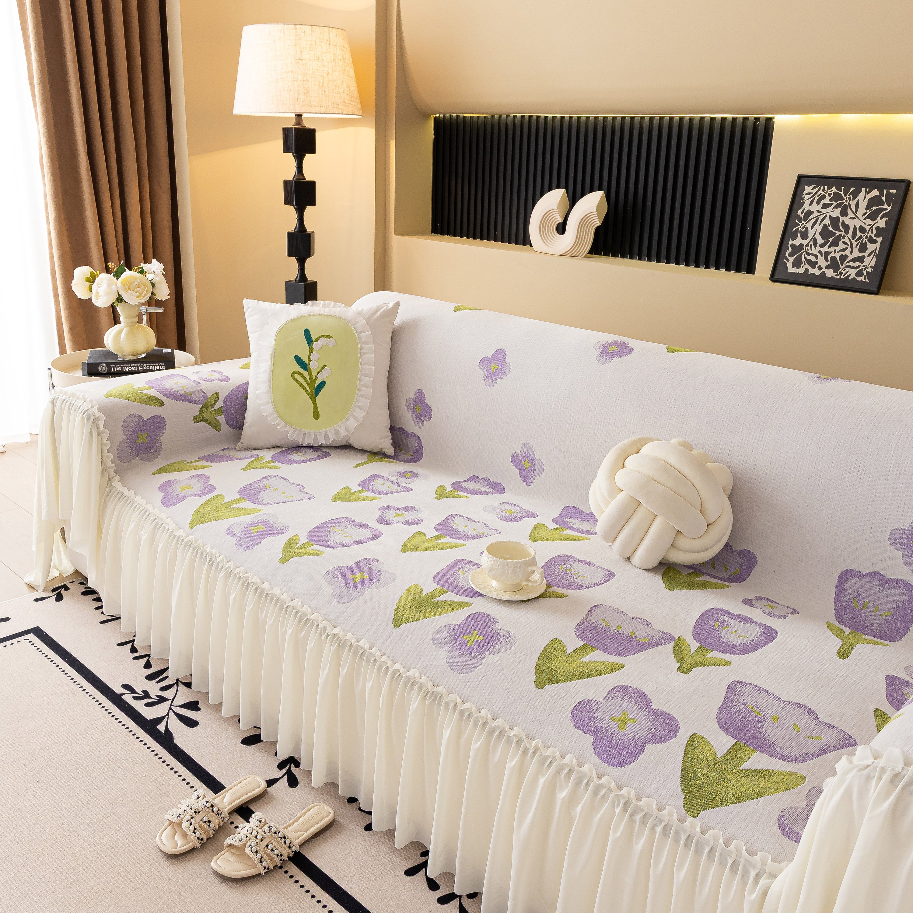 Ruffled Sweet Floral Sofa Cover With Skirt, Soft And Decorative Couch Throw Cover
