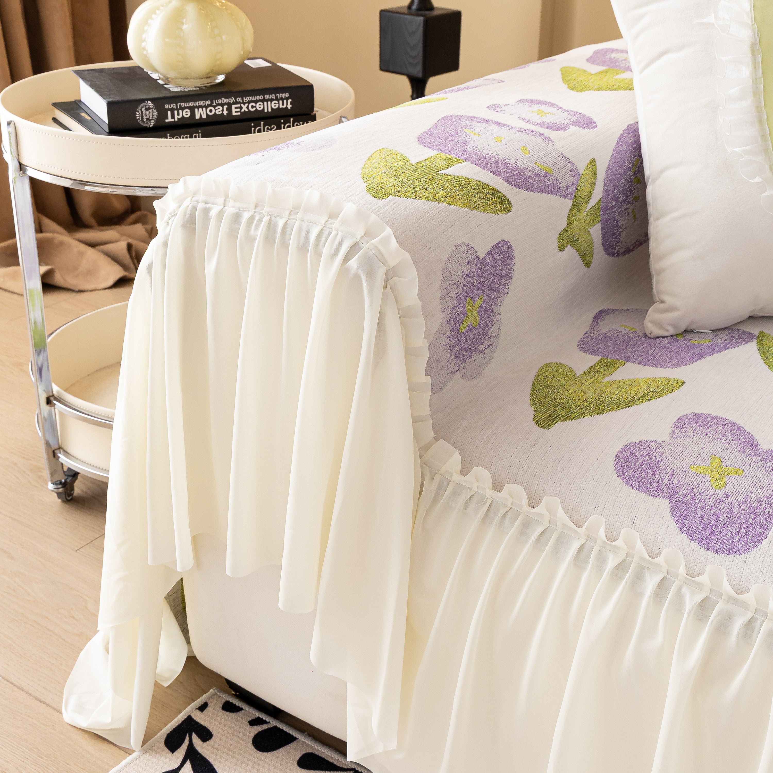 Ruffled Sweet Floral Sofa Cover With Skirt, Soft And Decorative Couch Throw Cover