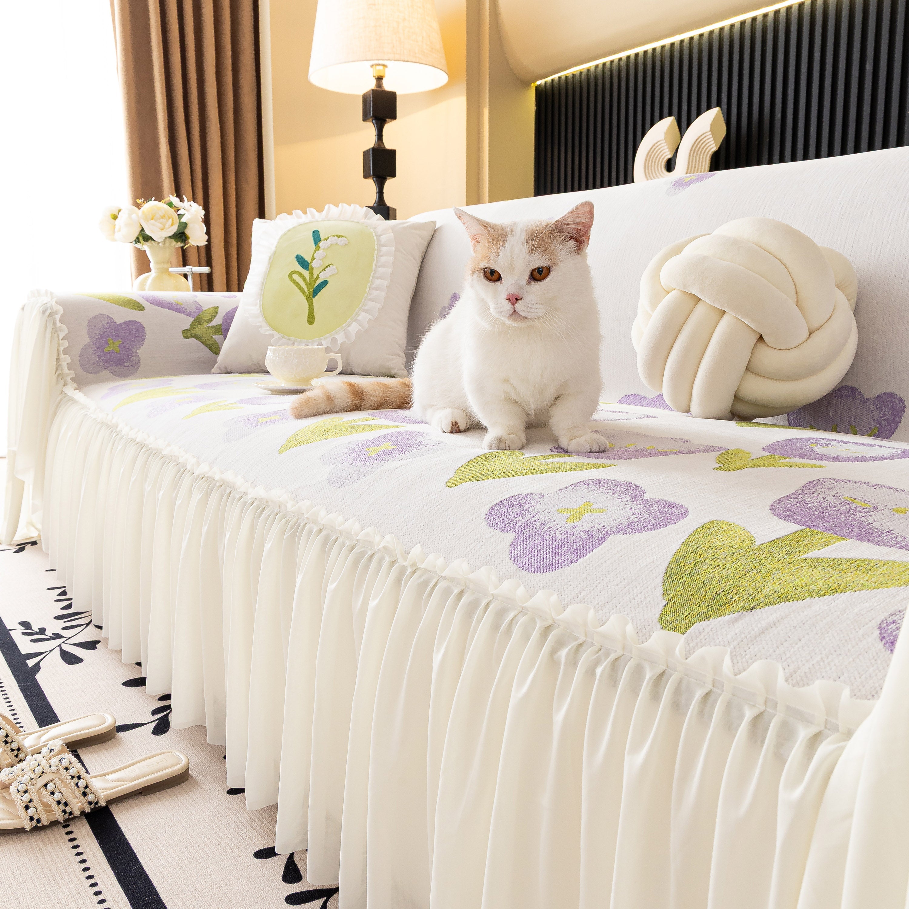 Ruffled Sweet Floral Sofa Cover With Skirt, Soft And Decorative Couch Throw Cover