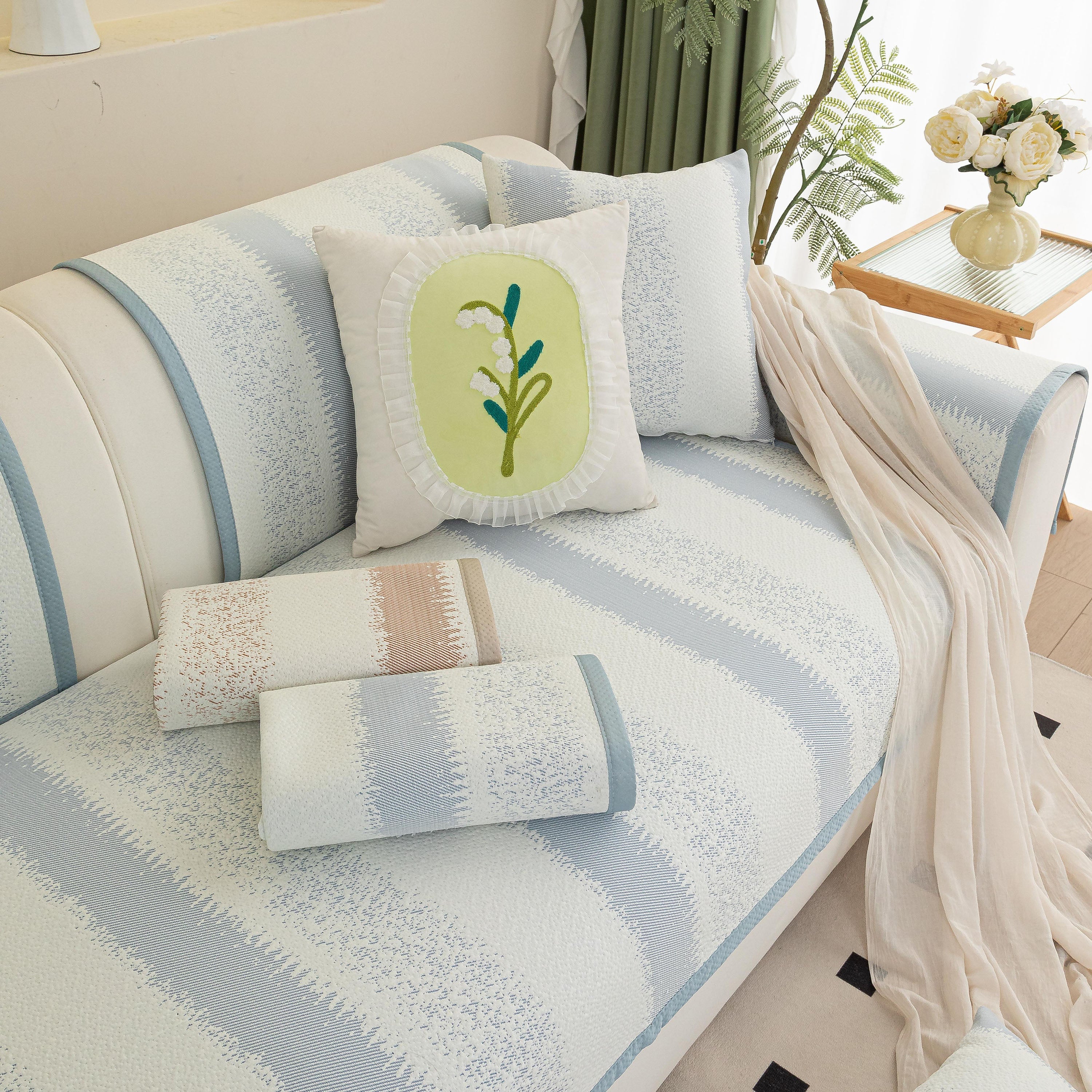 Striped Non-slip Cooling Couch Cover, Summer Couch Pads For Seat Back Armrest