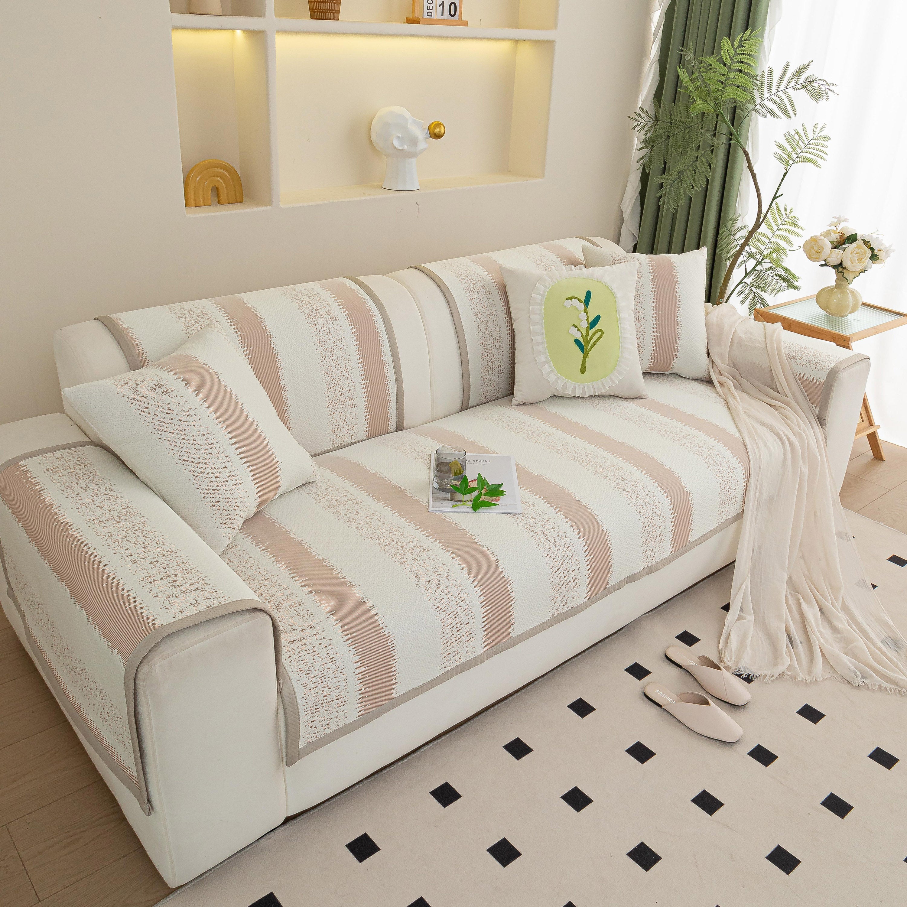 Striped Non-slip Cooling Couch Cover, Summer Couch Pads For Seat Back Armrest