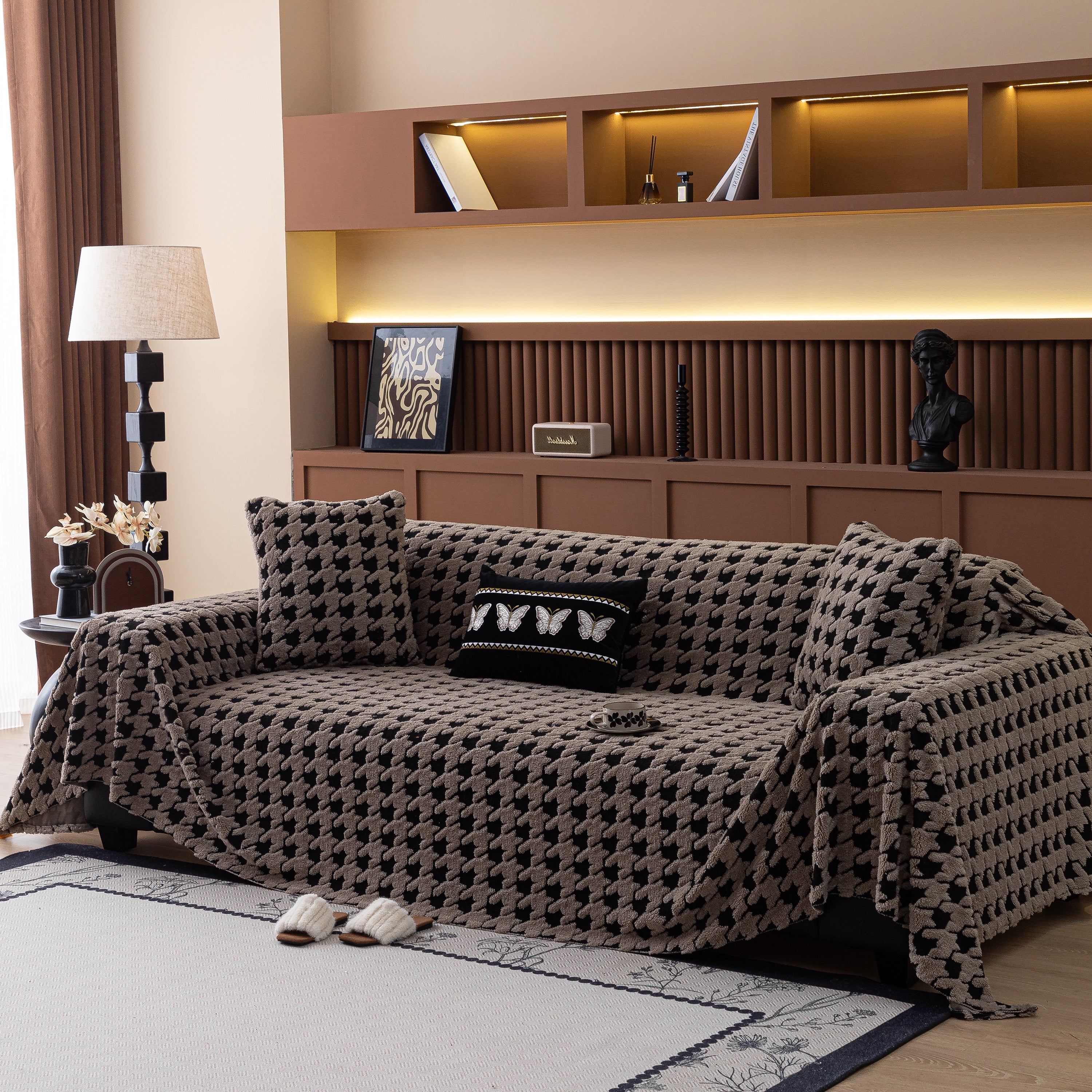 Jacquard Fleece Houndstooth Warm Cozy Couch Cover Blanket Decorative Throws For Sofas