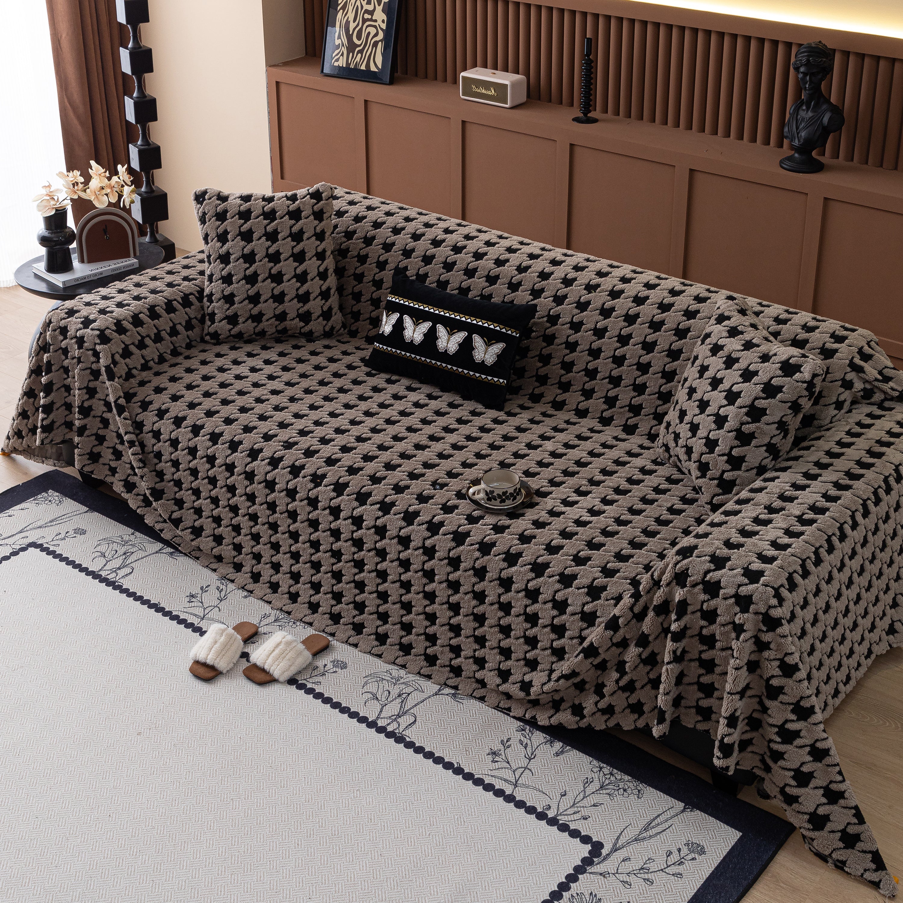 Jacquard Fleece Houndstooth Warm Cozy Couch Cover Blanket Decorative Throws For Sofas