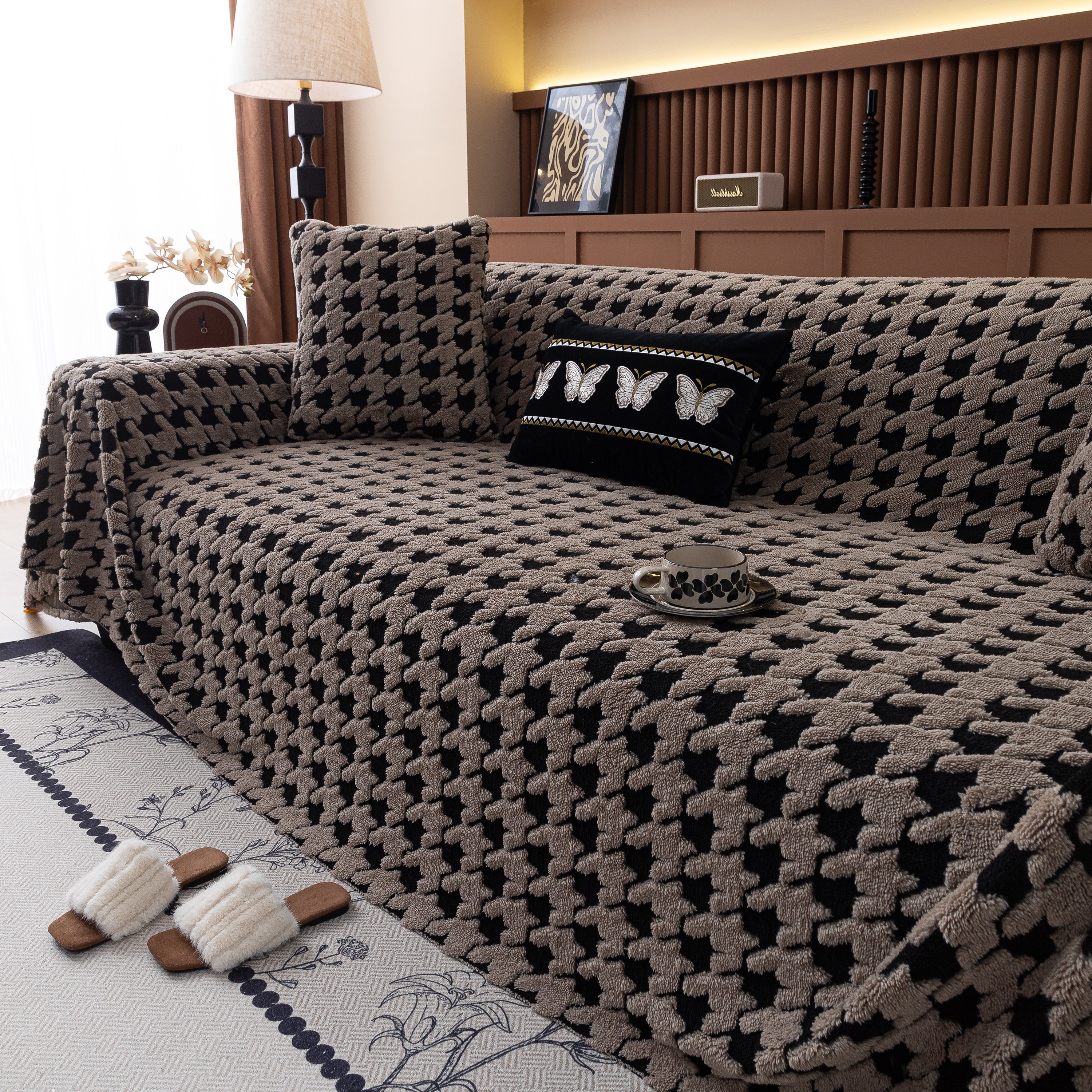 Jacquard Fleece Houndstooth Warm Cozy Couch Cover Blanket Decorative Throws For Sofas