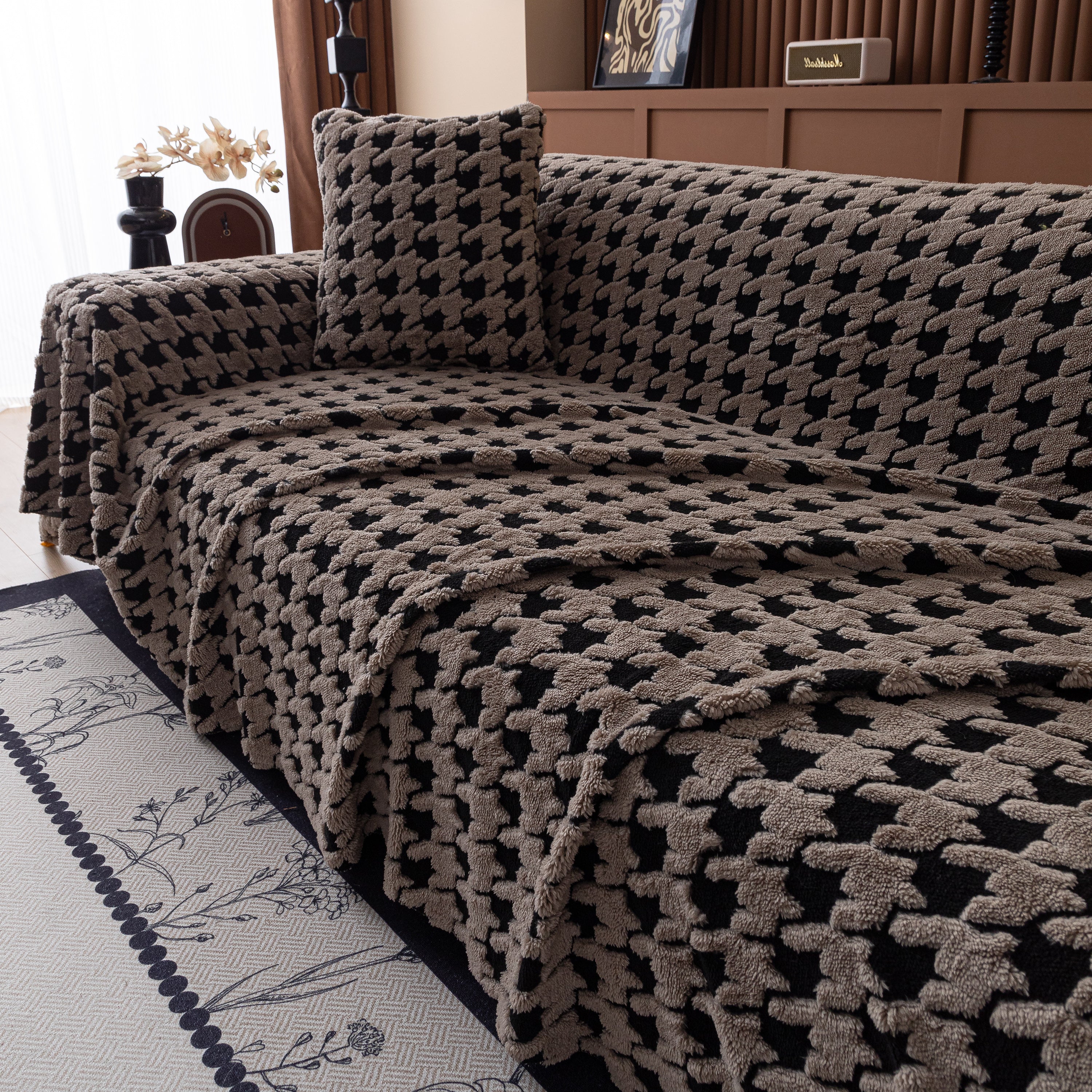 Jacquard Fleece Houndstooth Warm Cozy Couch Cover Blanket Decorative Throws For Sofas