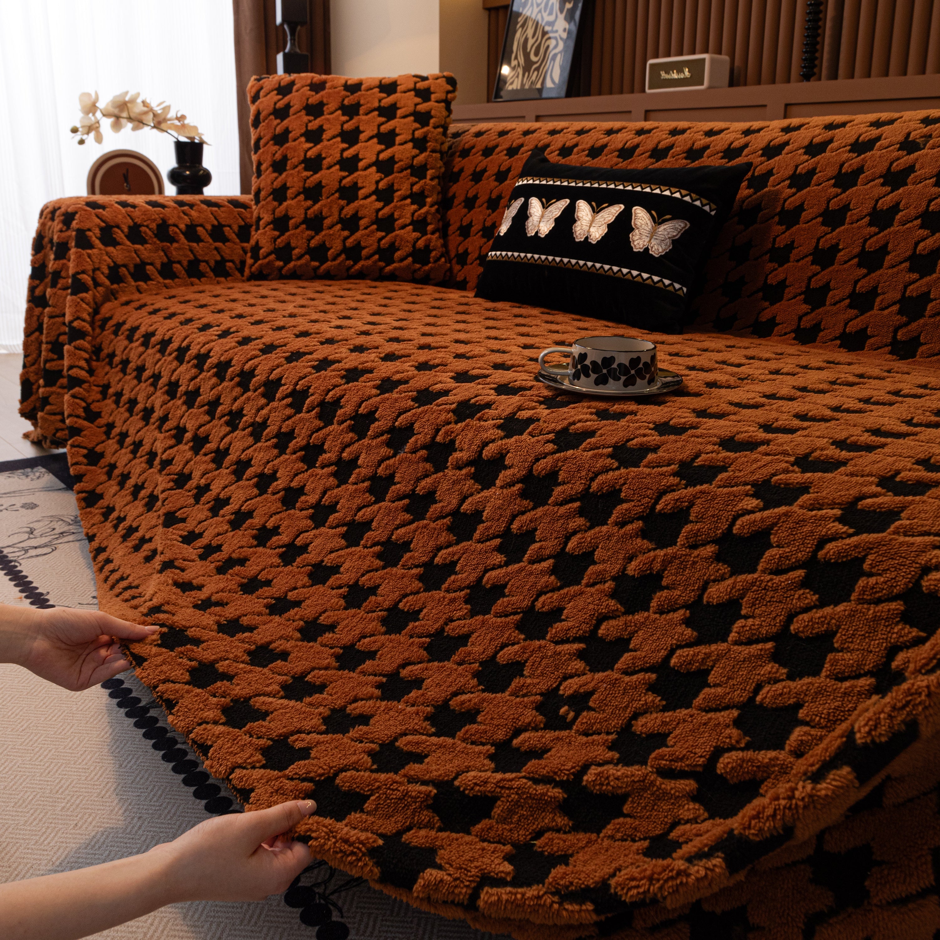 Jacquard Fleece Houndstooth Warm Cozy Couch Cover Blanket Decorative Throws For Sofas