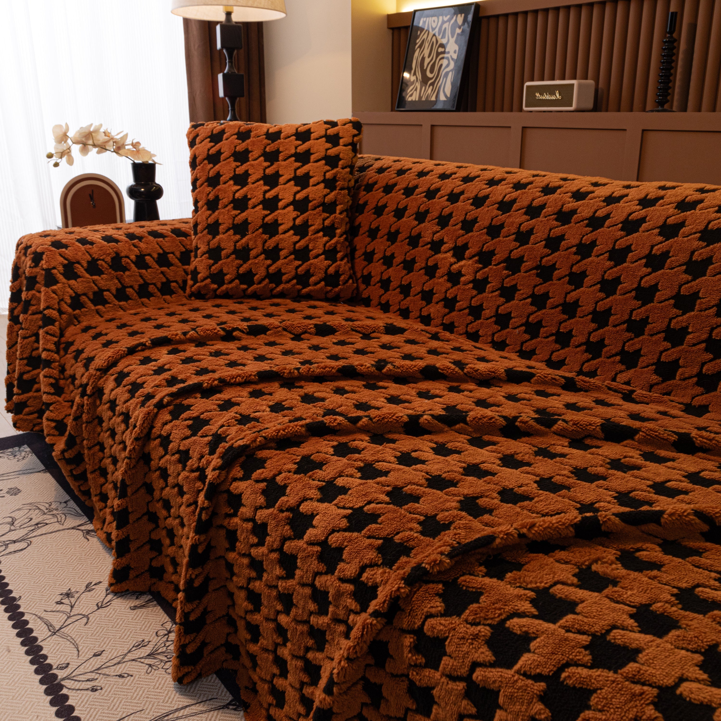 Jacquard Fleece Houndstooth Warm Cozy Couch Cover Blanket Decorative Throws For Sofas
