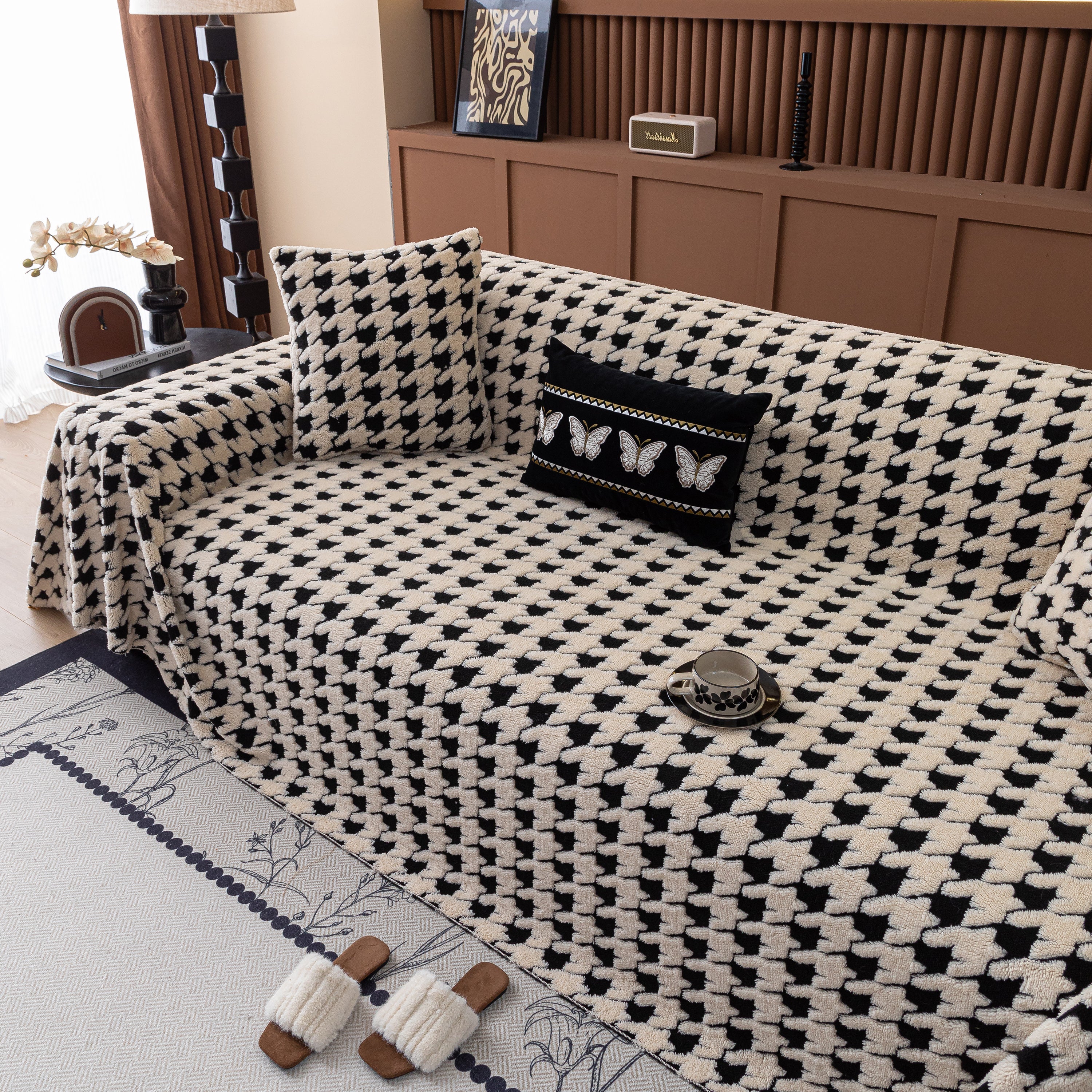 Jacquard Fleece Houndstooth Warm Cozy Couch Cover Blanket Decorative Throws For Sofas