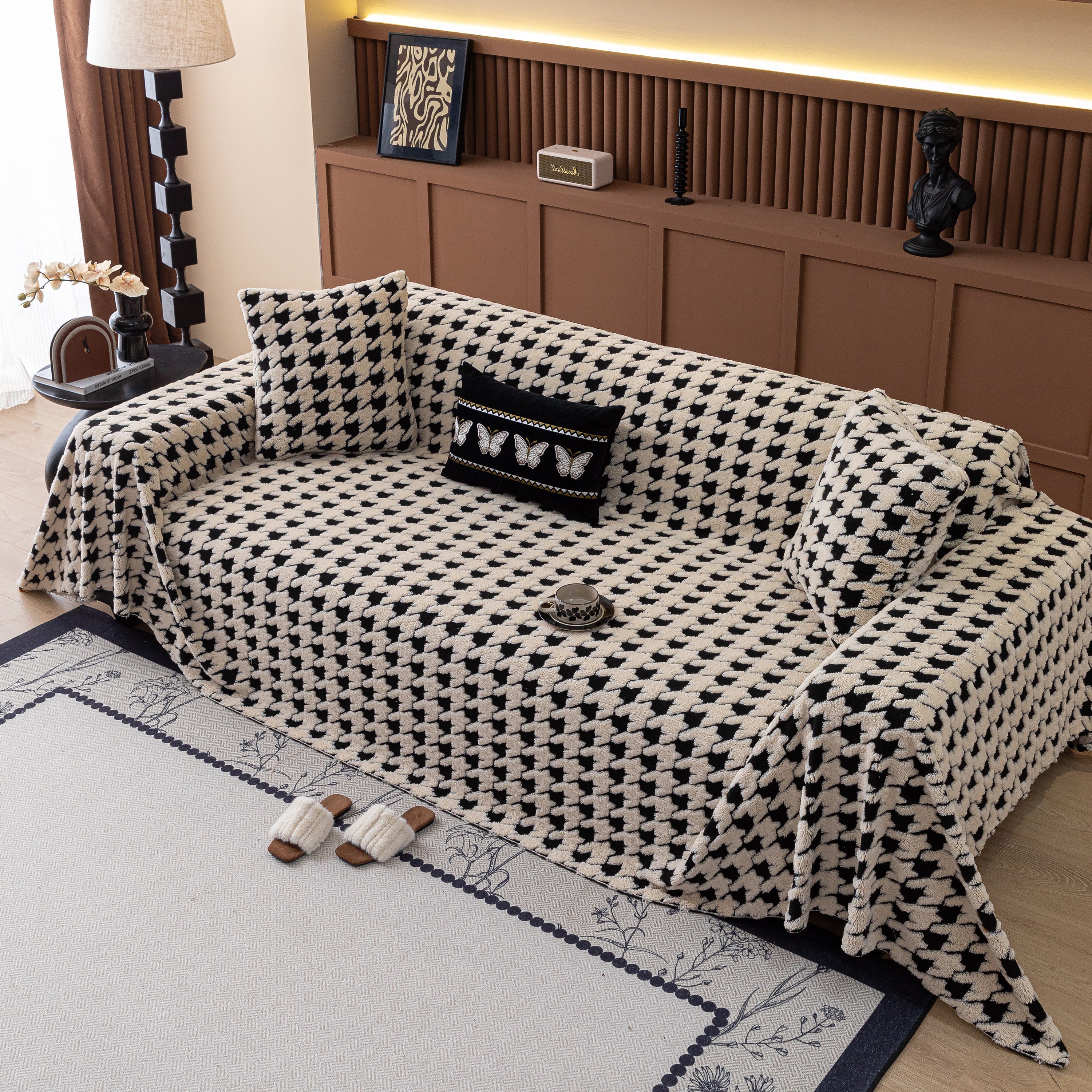 Jacquard Fleece Houndstooth Warm Cozy Couch Cover Blanket Decorative Throws For Sofas